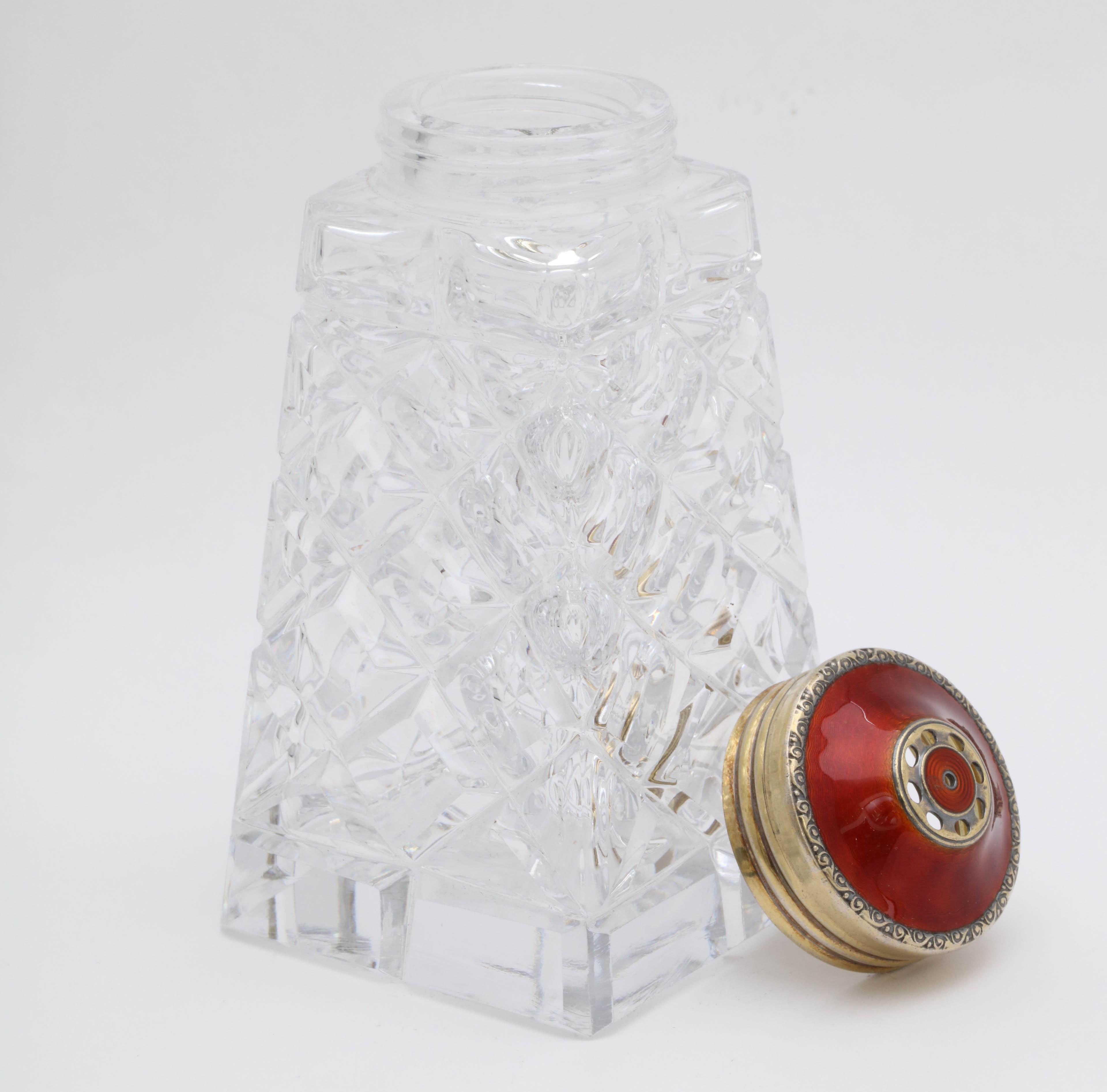 Mid-20th Century Art Deco Sterling Silver-Gilt and Red Guilloche Enamel-Mounted Sugar Shaker