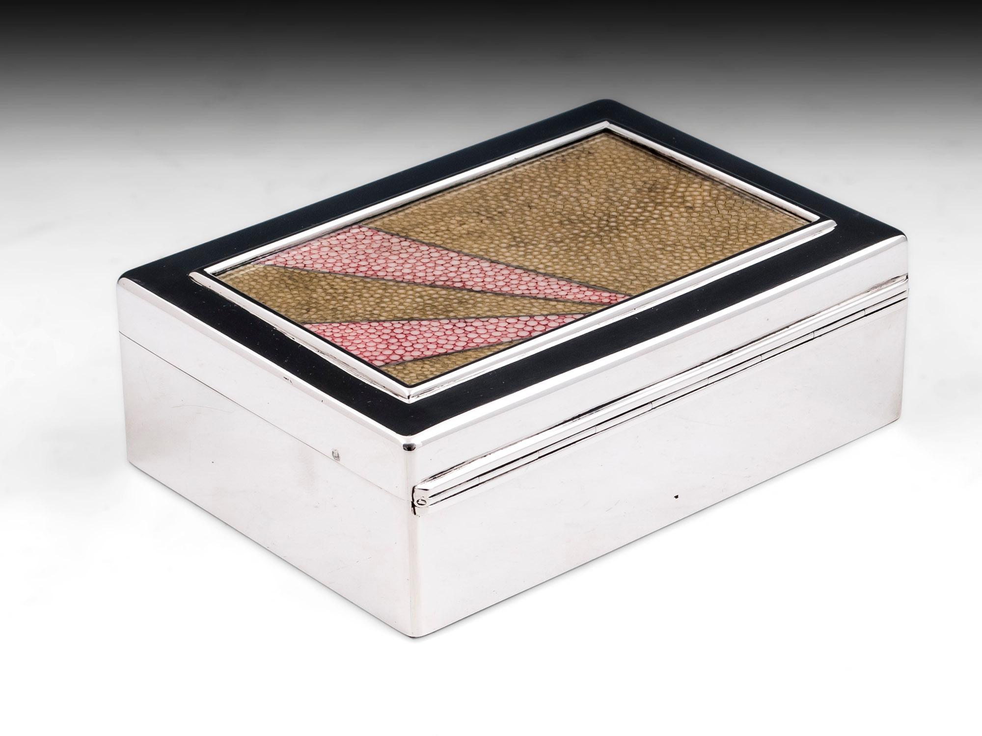 Art Deco Sterling Silver Glazed Shagreen Cigar Box, 20th Century 1