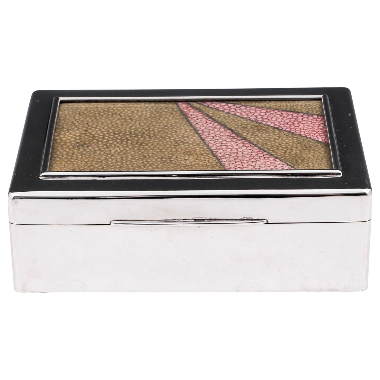 Art Deco Sterling Silver Glazed Shagreen Cigar Box, 20th Century