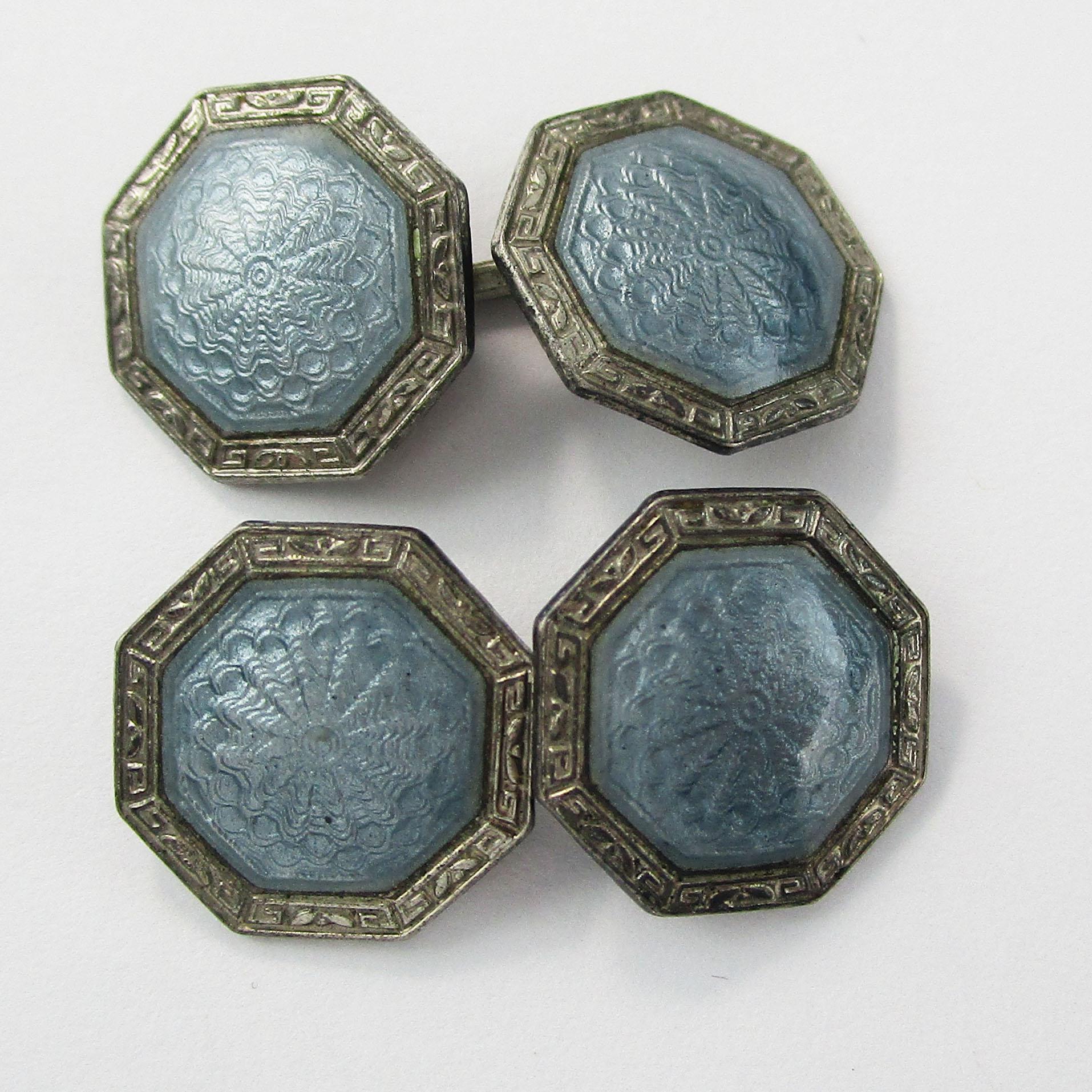 Art Deco Sterling Silver Gray Guilloche Enamel Cufflinks In Excellent Condition In Lexington, KY