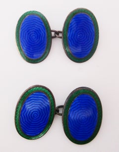 Art Deco Sterling Silver Green and Blue Enamel Cufflinks