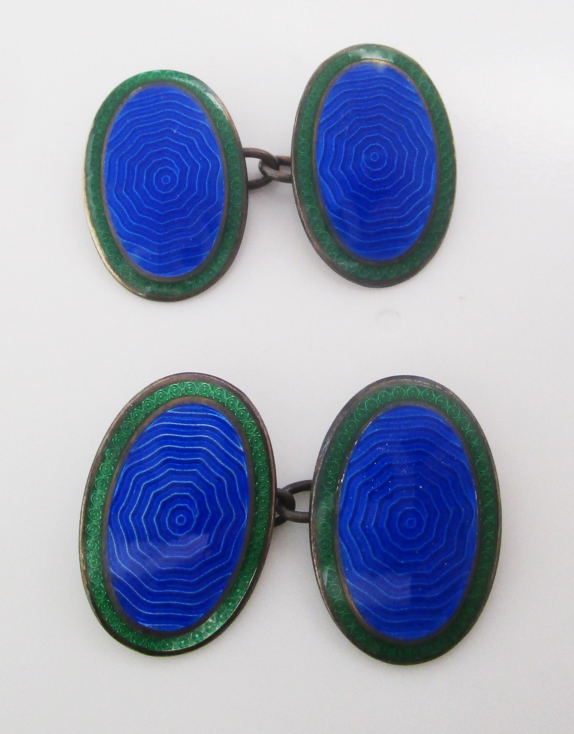 Manschettenknöpfe aus Sterlingsilber mit grüner und blauer Emaille im Art déco-Stil im Zustand „Gut“ im Angebot in Lexington, KY