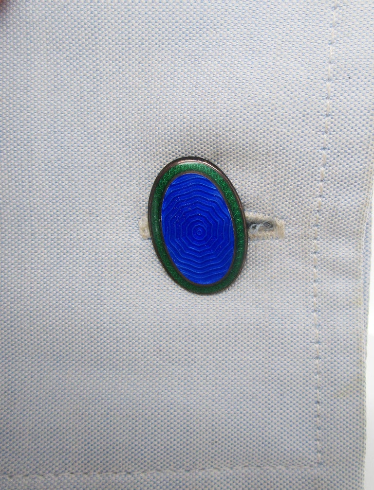 Men's Art Deco Sterling Silver Green and Blue Enamel Cufflinks For Sale