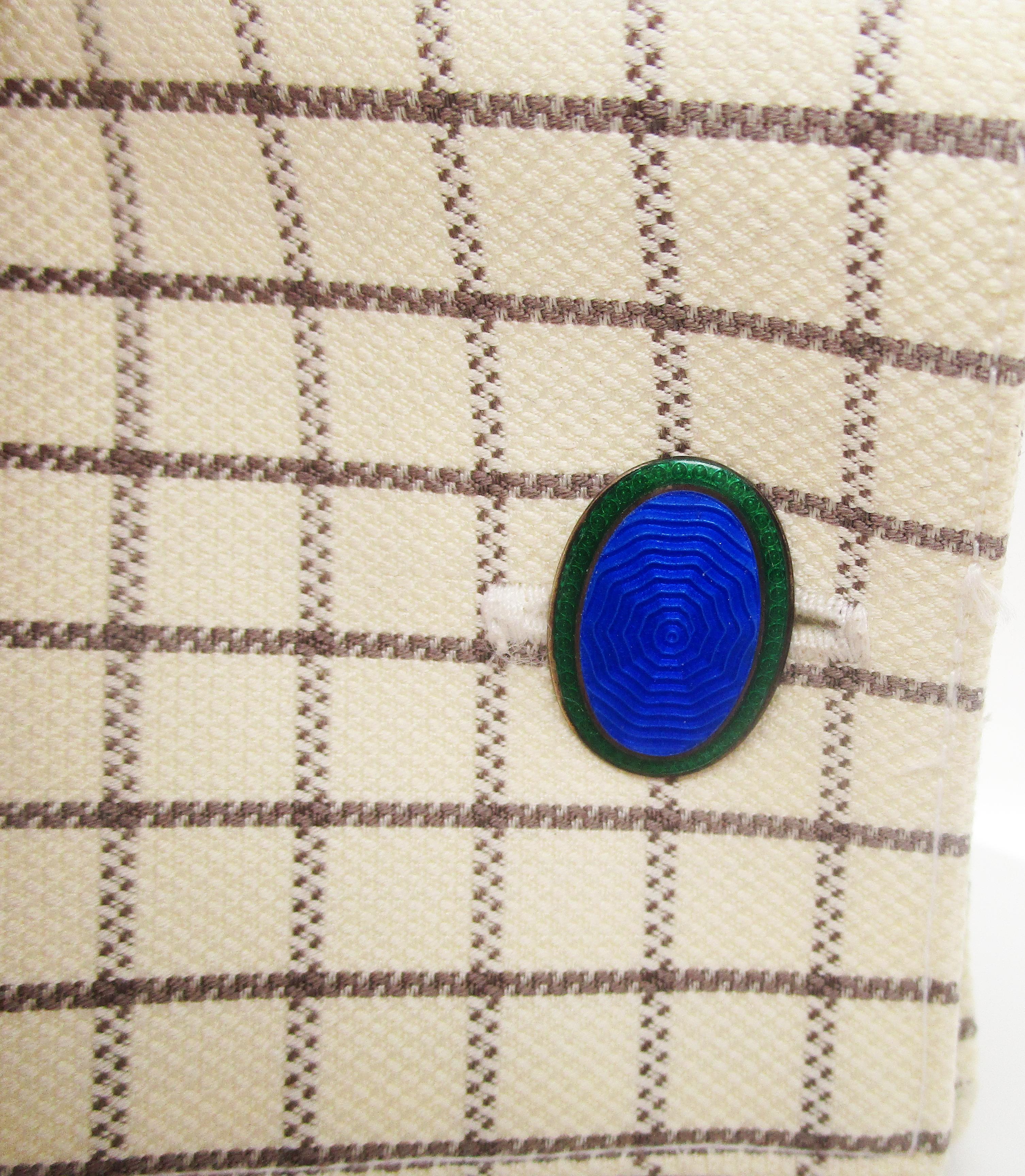 Manschettenknöpfe aus Sterlingsilber mit grüner und blauer Emaille im Art déco-Stil im Angebot 1