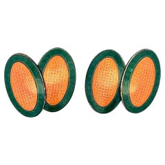 Art Deco Sterling Silver Green and Orange  Enameled Cufflinks