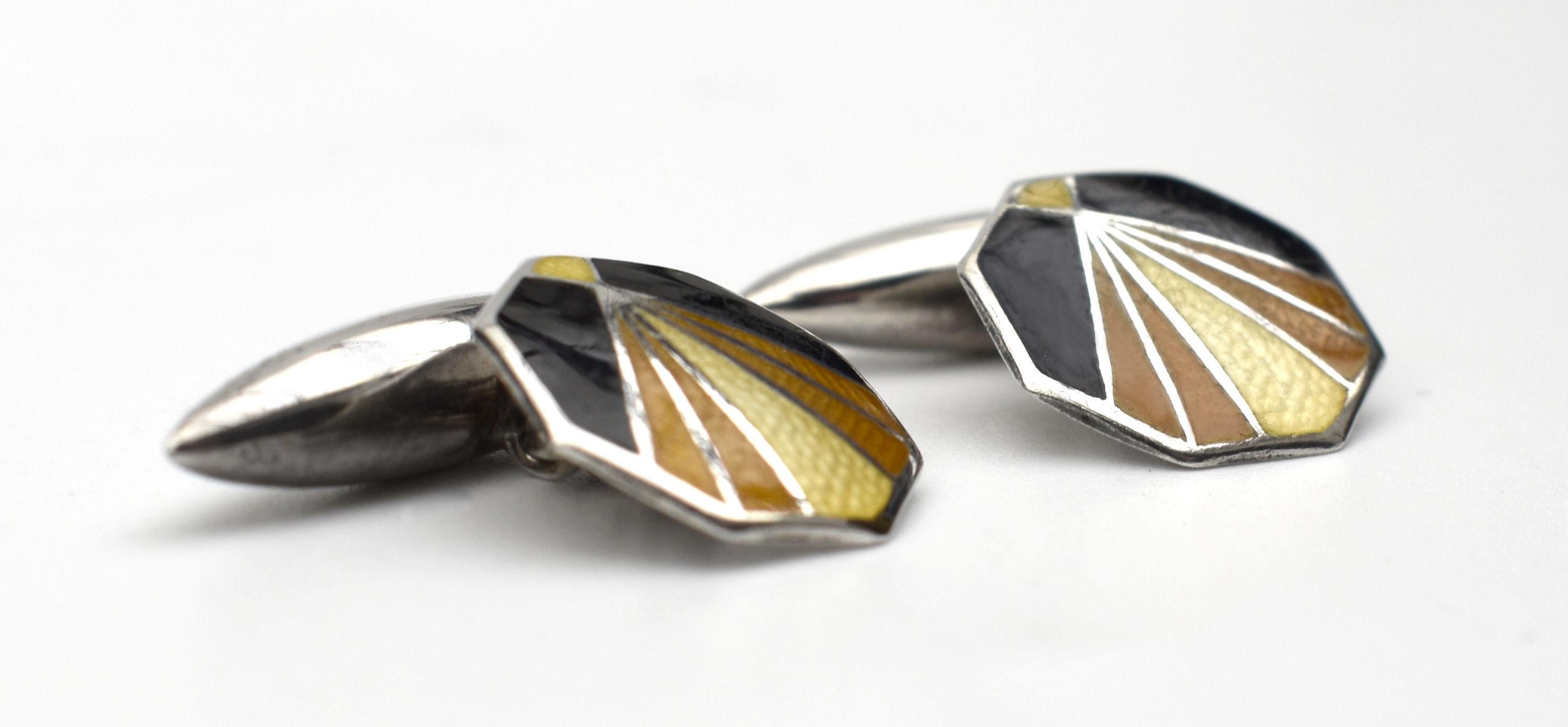 Art Deco Sterling Silver & Guilloche Gents Cufflinks by Charles Horner, C1930 In Good Condition In Westward ho, GB