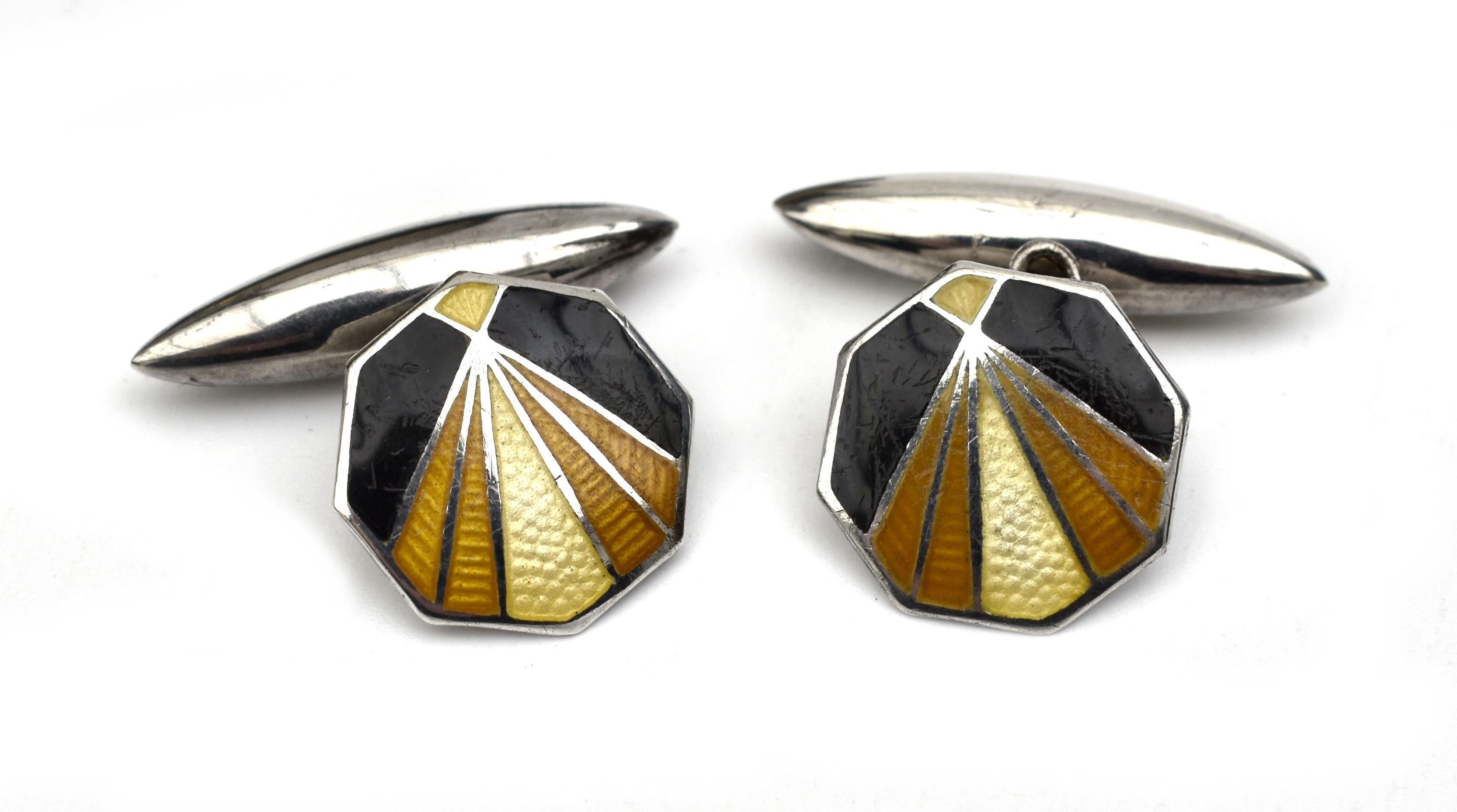 Art Deco Sterling Silver & Guilloche Gents Cufflinks by Charles Horner, C1930 1