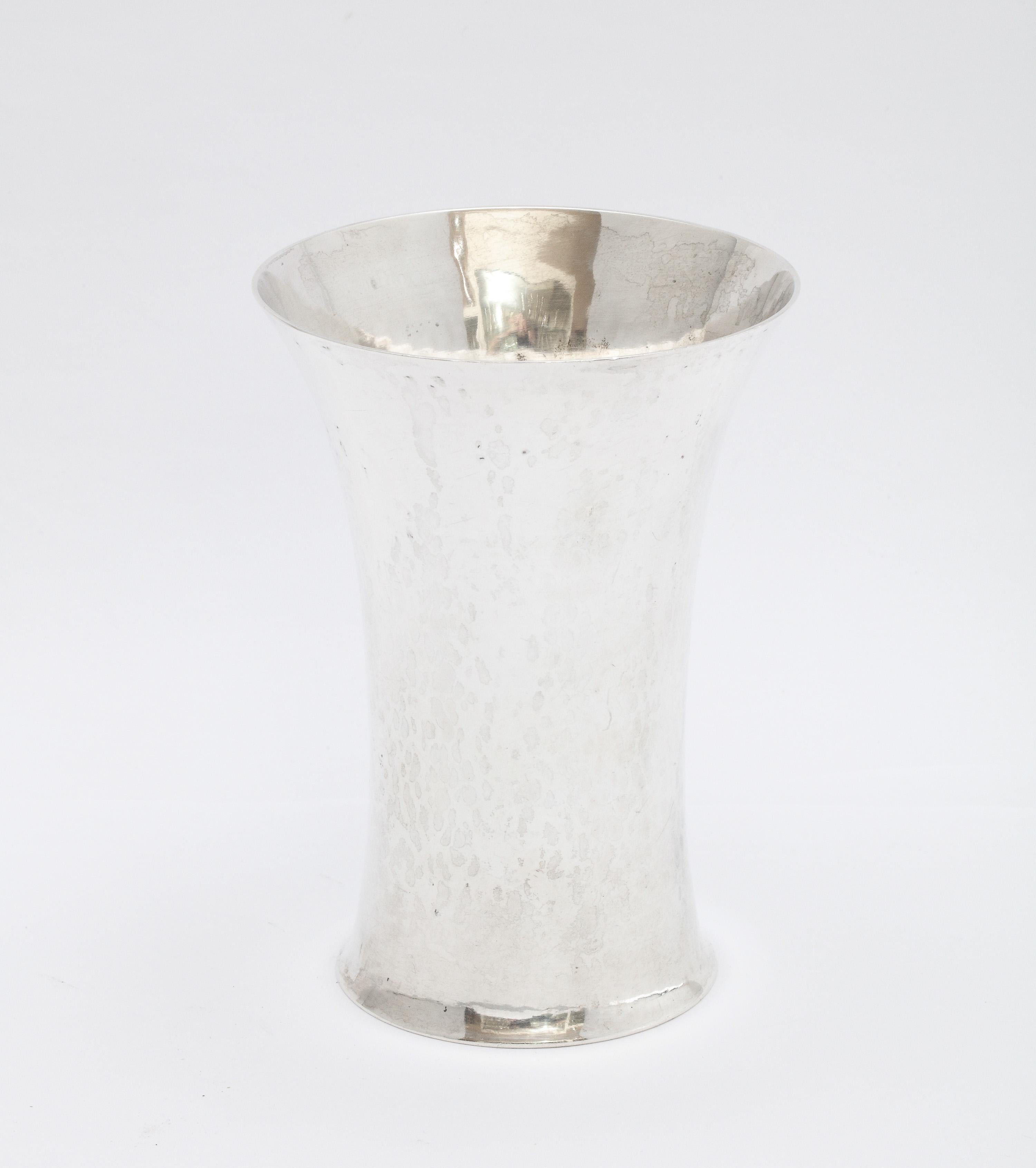 Art Deco, sterling silver, hand-hammered beaker/vase, Berlin, Germany, circa 1920, Hugo Bohm-Schwabisch Gmund - maker for Gebruder Friedlander (Friedlander Brothers), house jewelers to the Emperor and the Princess of Prussia. Measures over 4 1/2