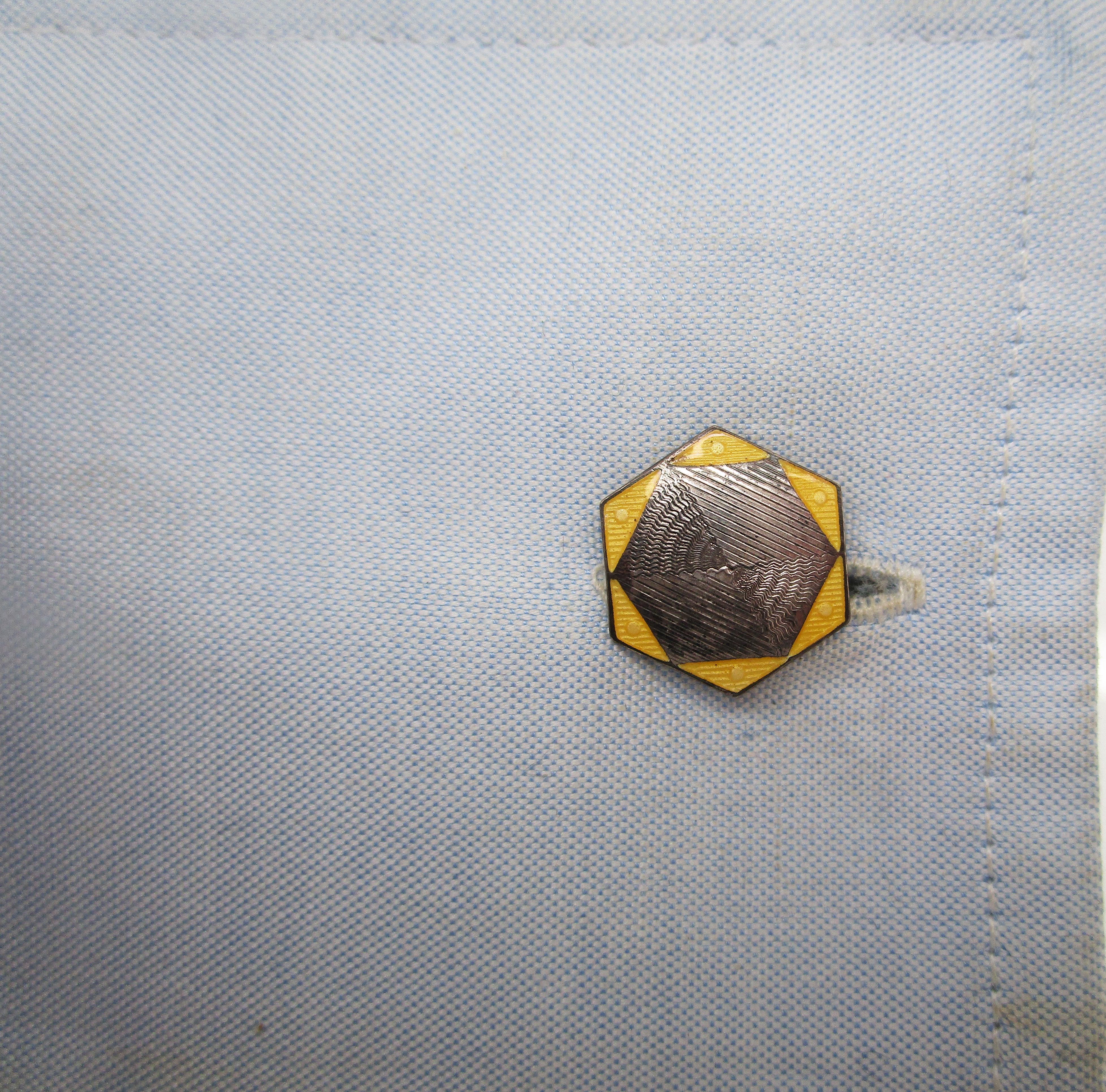 Men's Art Deco Sterling Silver Hexagonal Yellow Enamel Cufflinks For Sale
