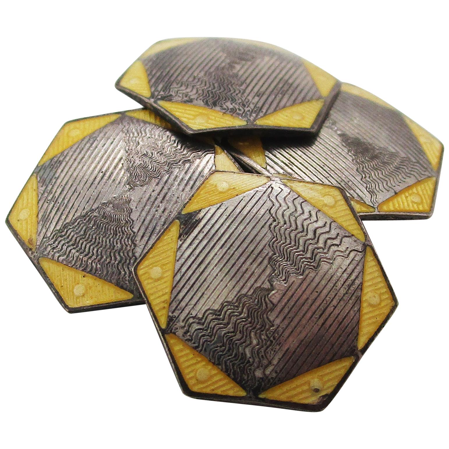 Art Deco Sterling Silver Hexagonal Yellow Enamel Cufflinks