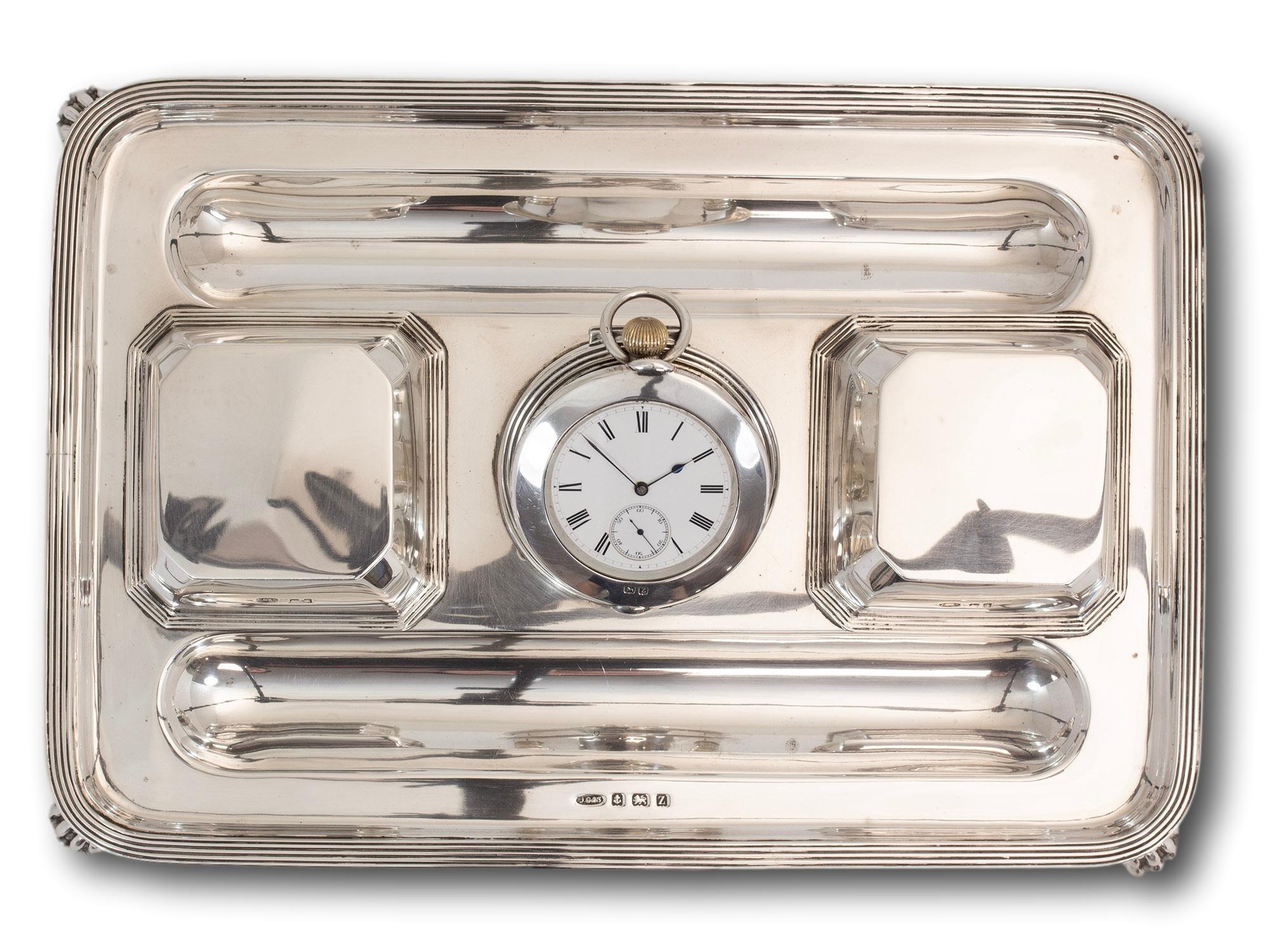 English Art Deco Sterling Silver Ink Stand, Watch and Inkwells John Grinsell & Sons For Sale