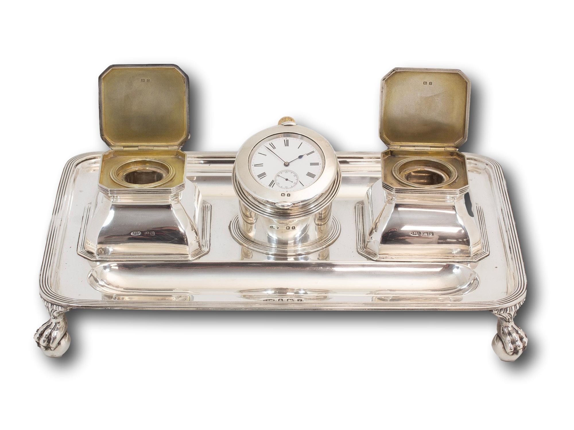 Cast Art Deco Sterling Silver Ink Stand, Watch and Inkwells John Grinsell & Sons For Sale