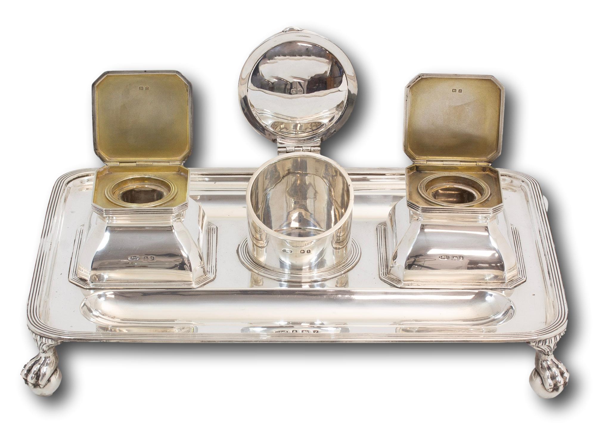 Art Deco Sterling Silver Ink Stand, Watch and Inkwells John Grinsell & Sons In Good Condition For Sale In Northampton, GB