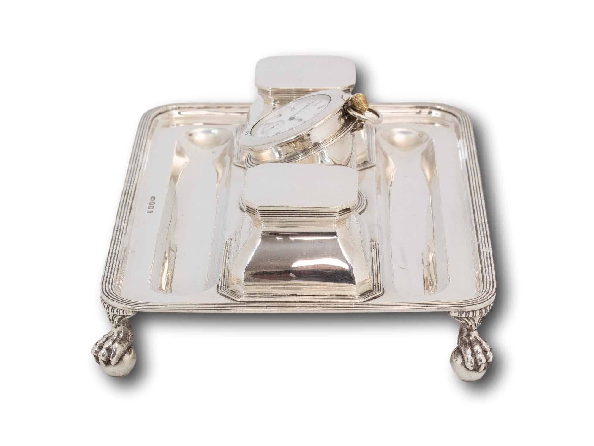 20th Century Art Deco Sterling Silver Ink Stand, Watch and Inkwells John Grinsell & Sons For Sale
