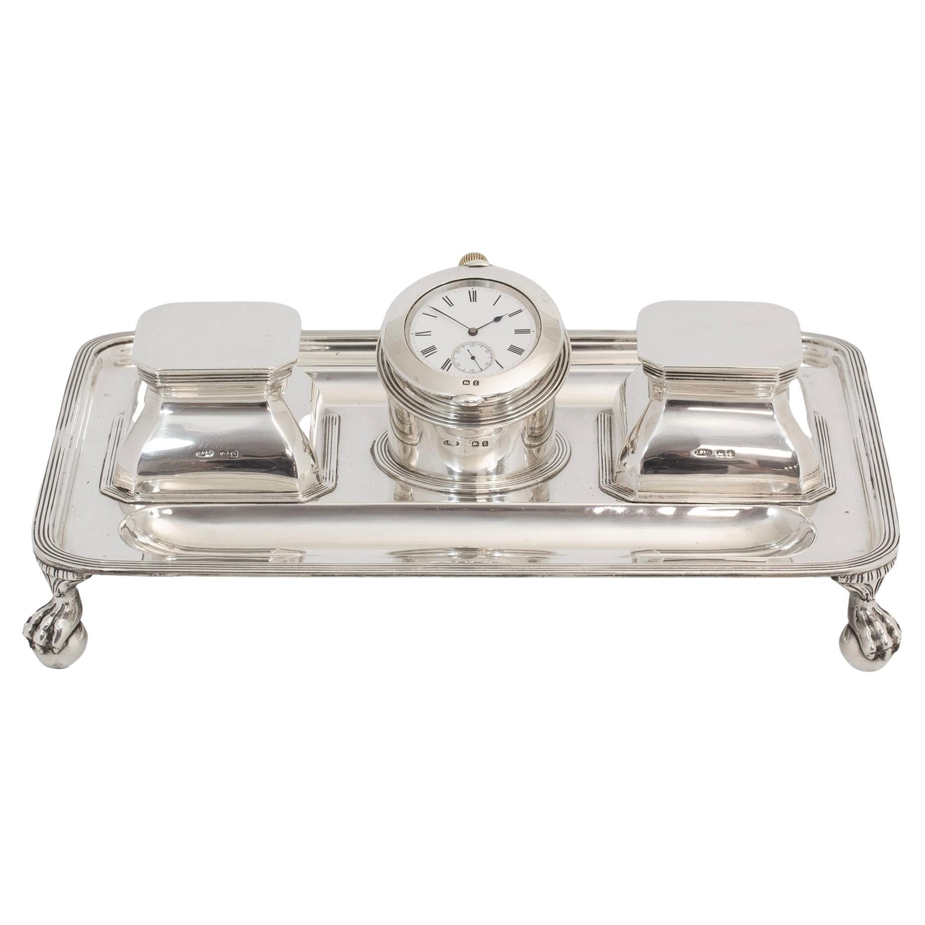 Art Deco Sterling Silver Ink Stand, Watch and Inkwells John Grinsell & Sons