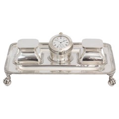 Antique Art Deco Sterling Silver Ink Stand, Watch and Inkwells John Grinsell & Sons