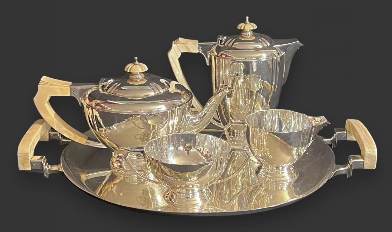 Art Deco Sterling Silver & Ivory Tea & Coffee Service & Tray By Ed For Sale 10
