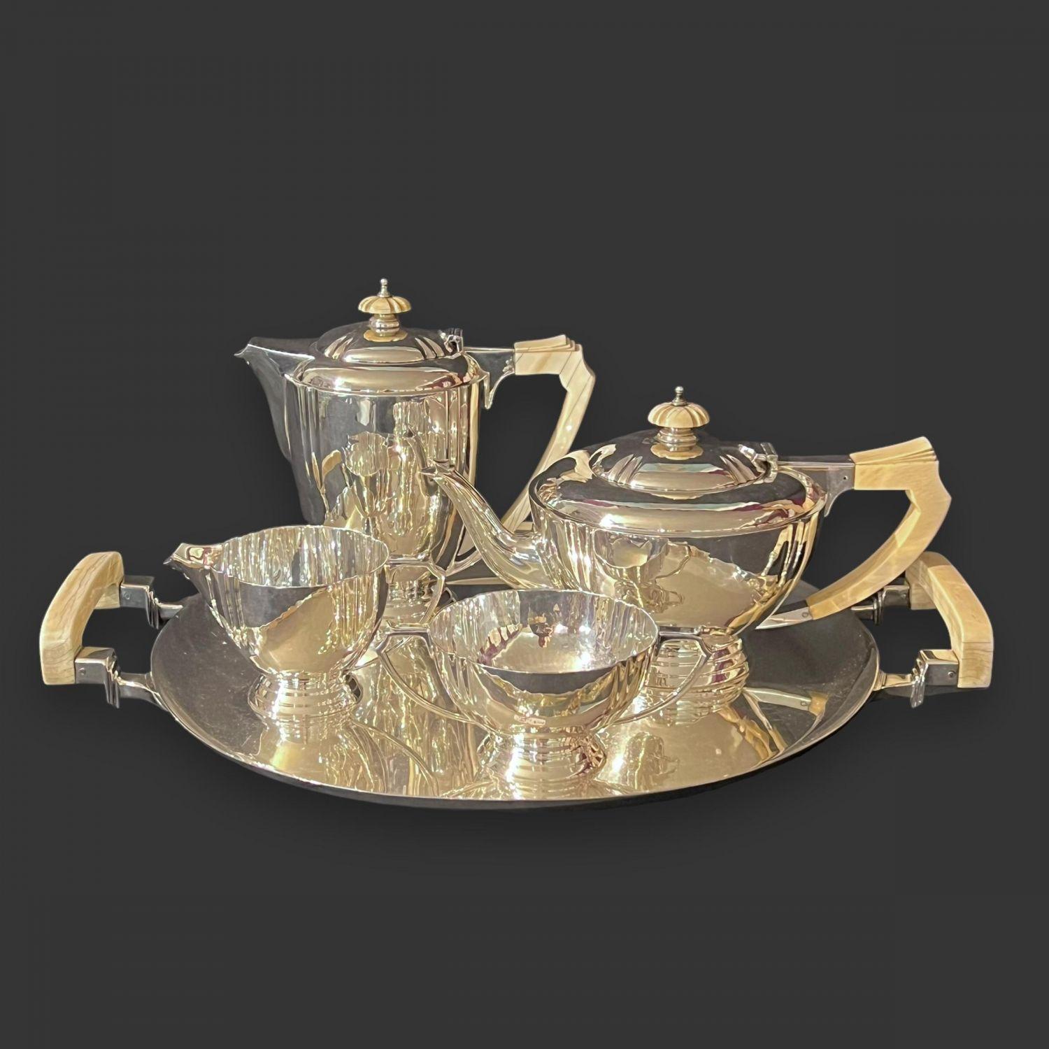 European Art Deco Sterling Silver & Ivory Tea & Coffee Service & Tray By Ed For Sale