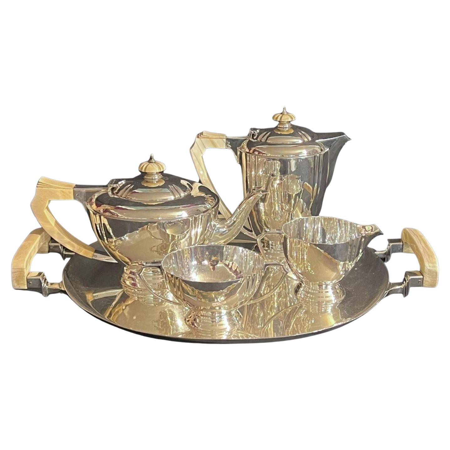 Art Deco Sterling Silver & Ivory Tea & Coffee Service & Tray By Ed For Sale
