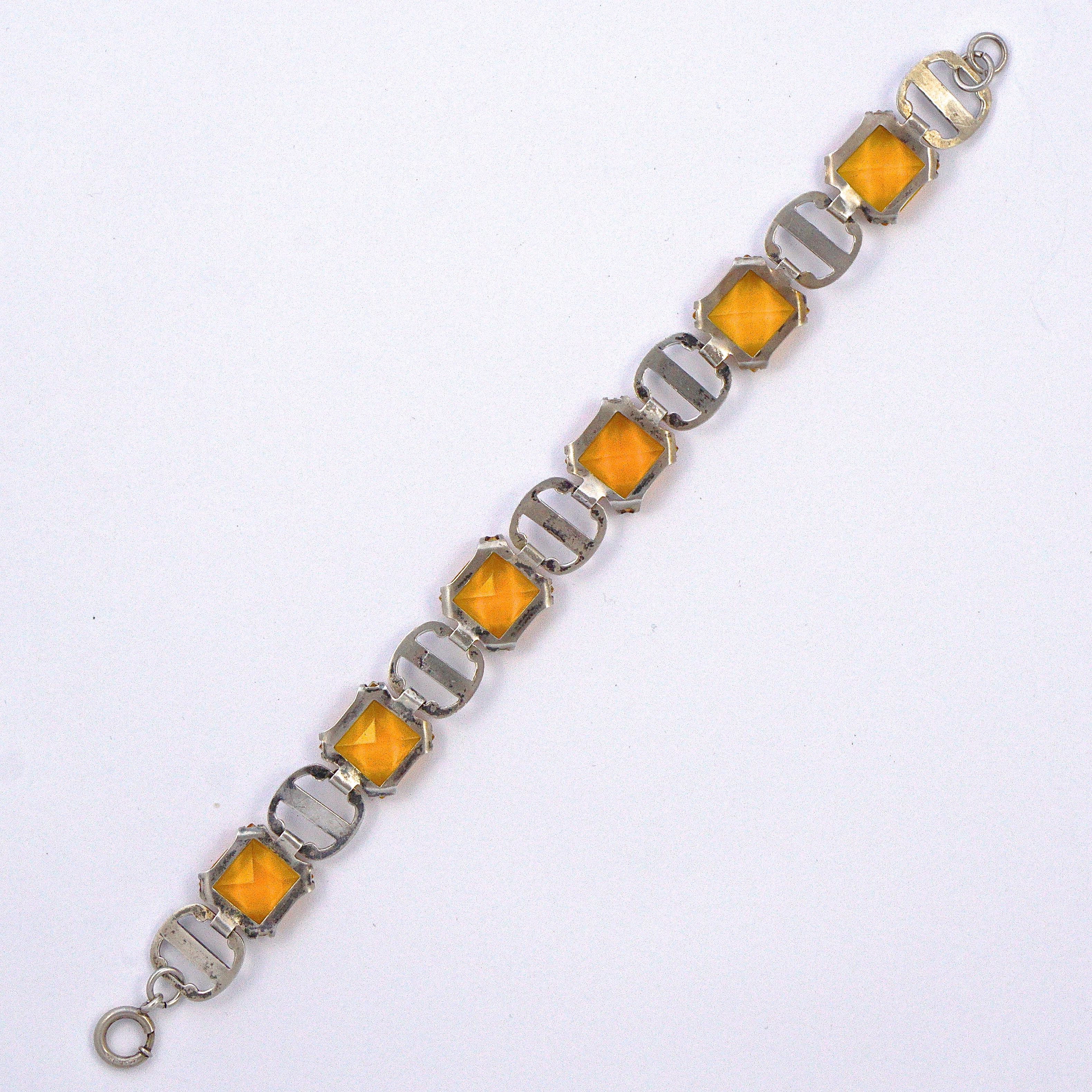 Women's or Men's Art Deco Sterling Silver Link Bracelet with Faceted Amber Glass circa 1930s For Sale