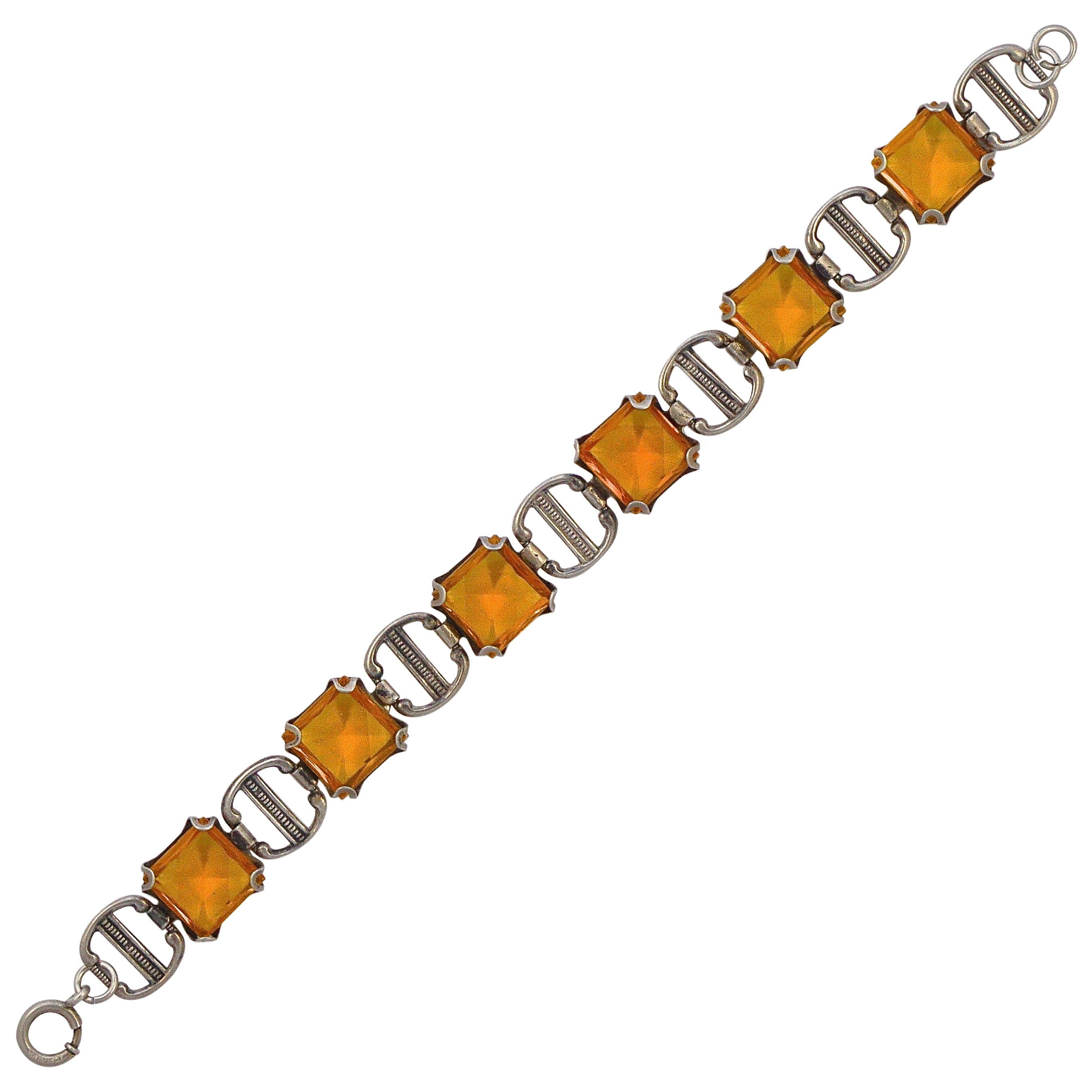 Art Deco Sterling Silver Link Bracelet with Faceted Amber Glass circa 1930s