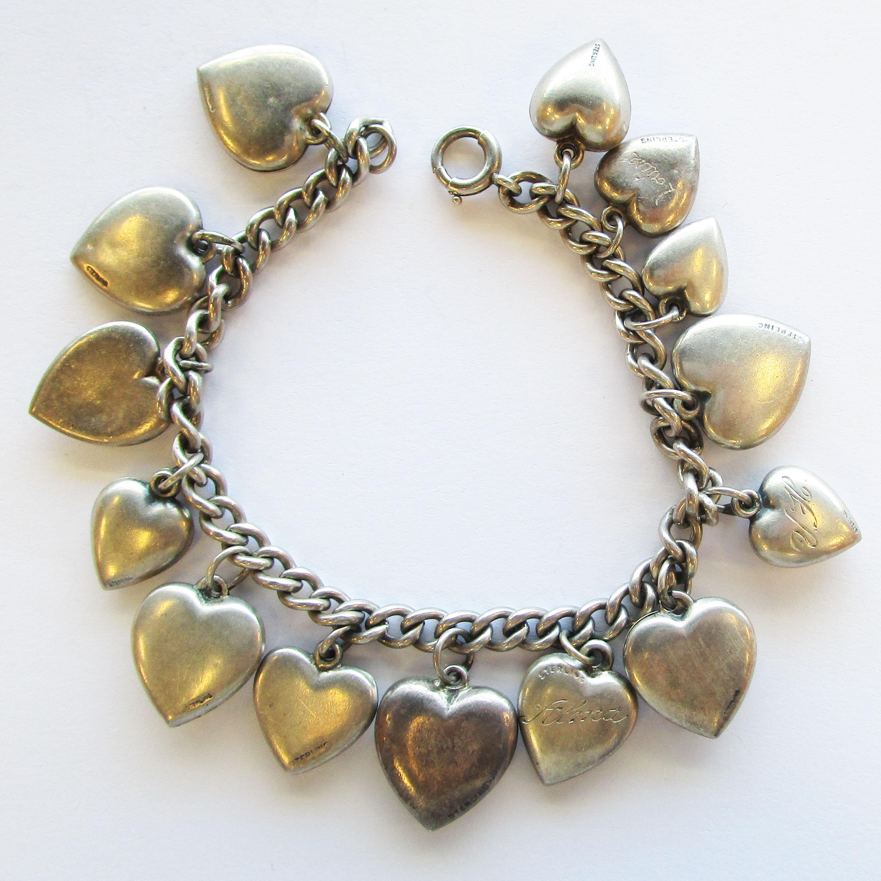 Art Deco Sterling Silver Puffy Heart Charm Bracelet 3