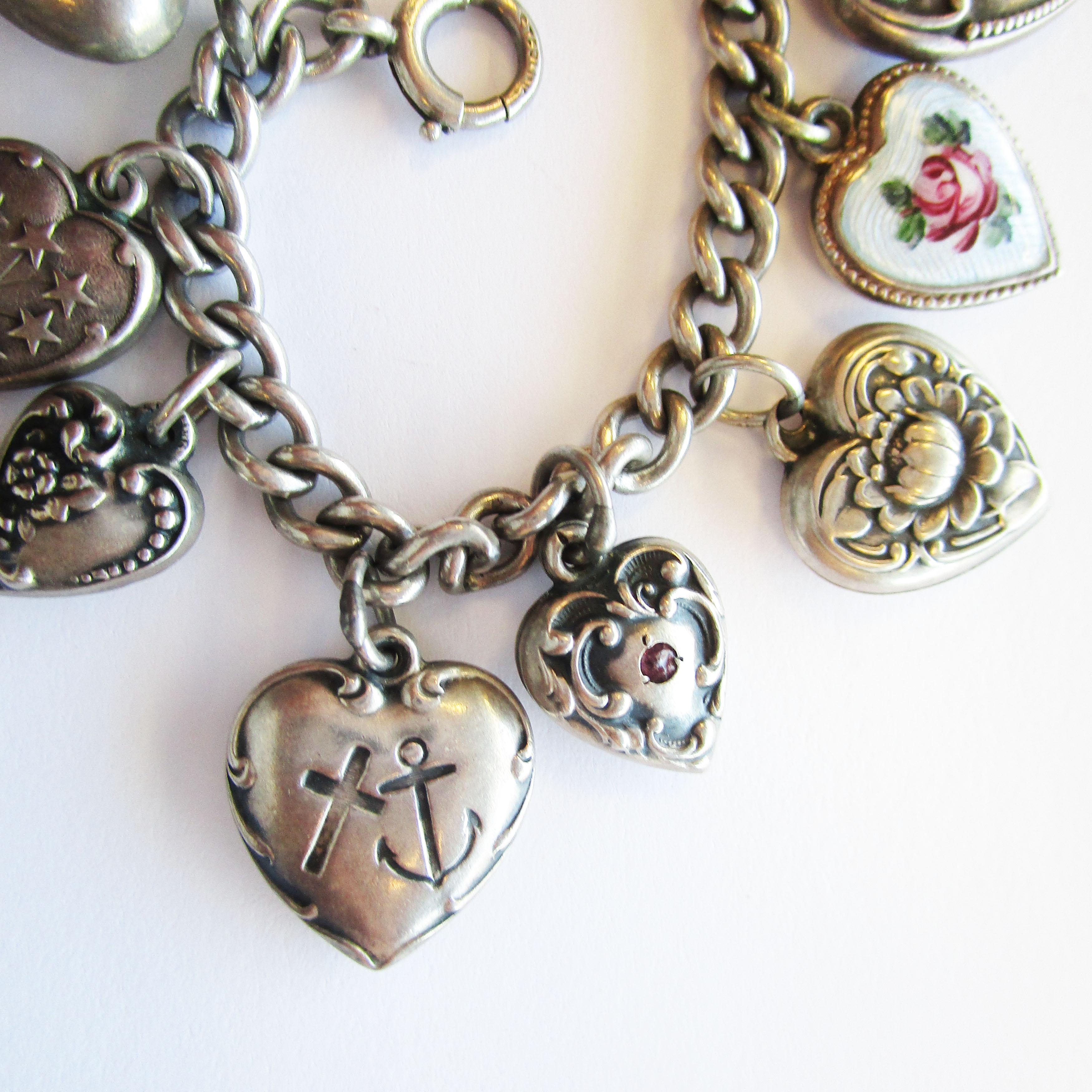 Women's or Men's Art Deco Sterling Silver Puffy Heart Charm Bracelet