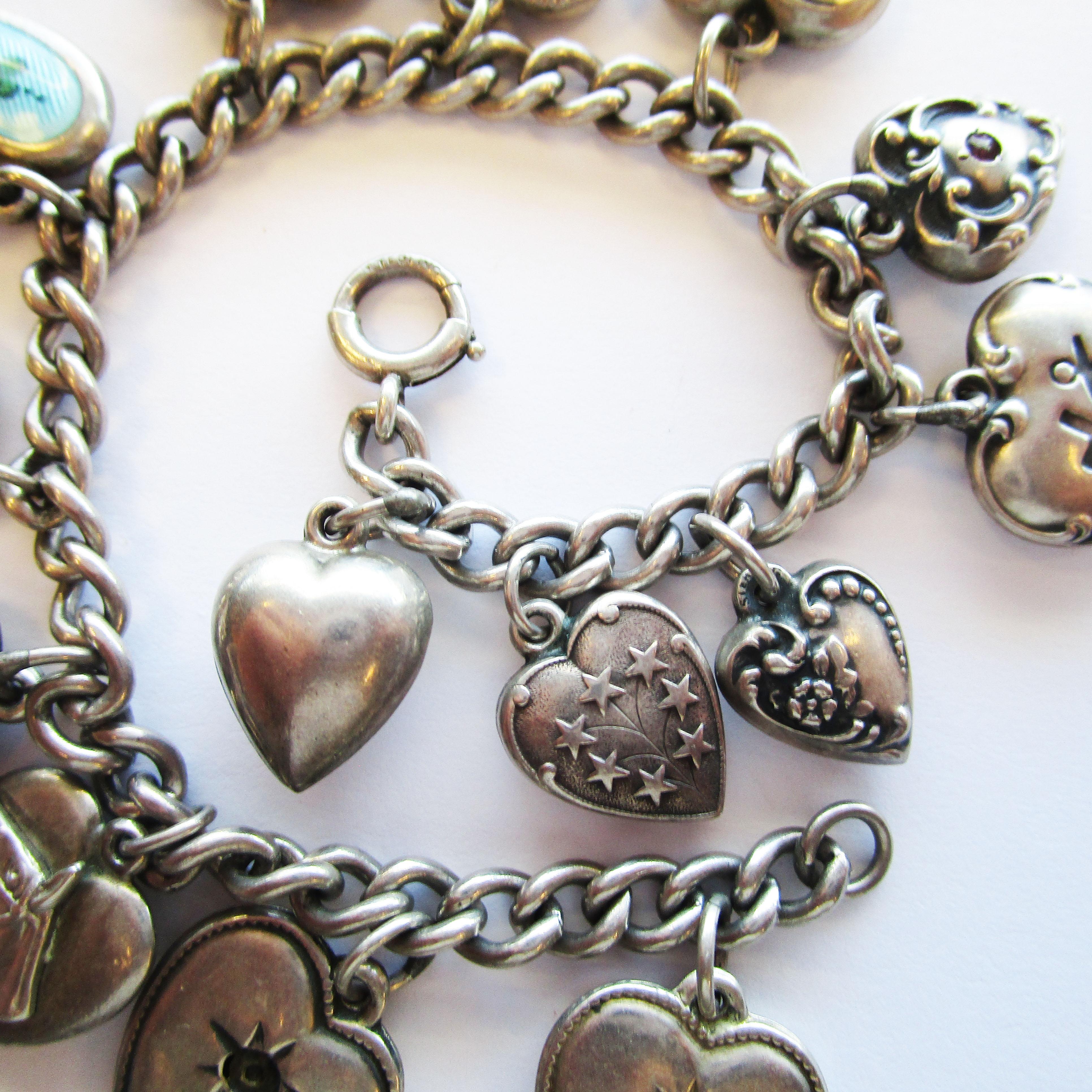 Art Deco Sterling Silver Puffy Heart Charm Bracelet 1