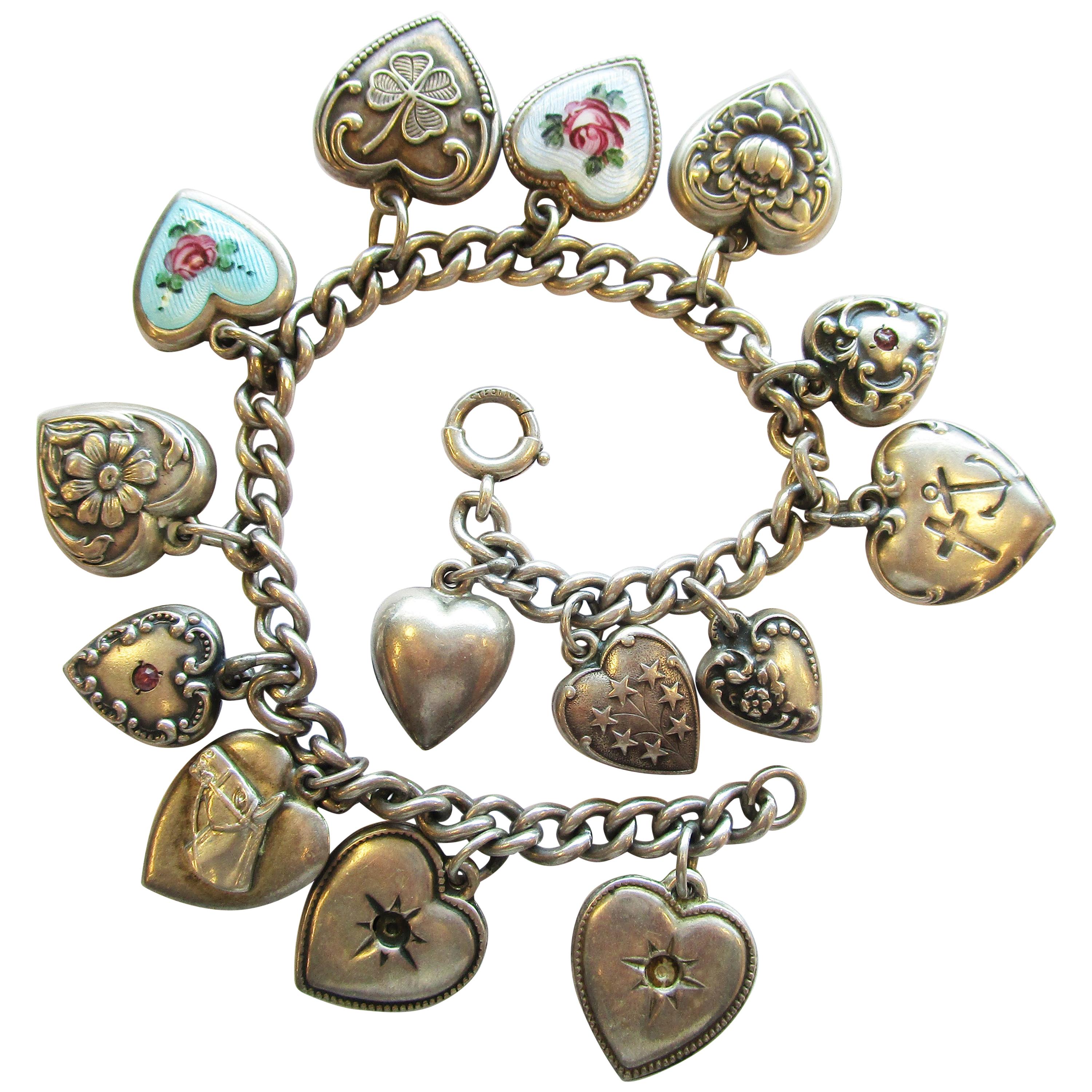 Art Deco Sterling Silver Puffy Heart Charm Bracelet