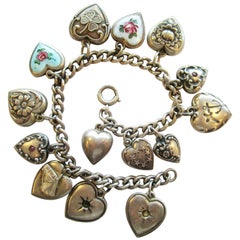 Vintage Art Deco Sterling Silver Puffy Heart Charm Bracelet