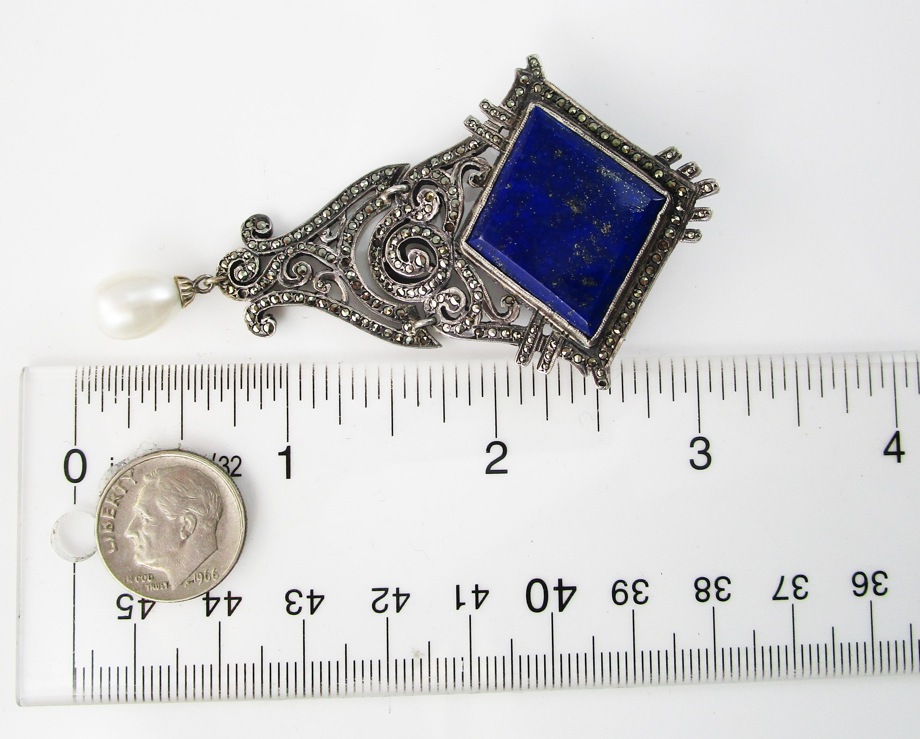 Art Deco Sterling Silver Marcasite Blue Lapis Pin with Pearl Dangle 4