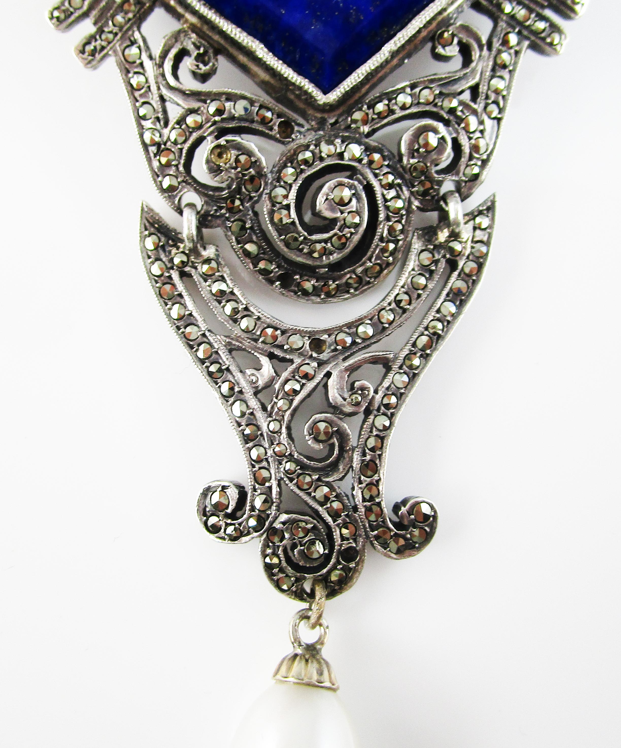 Round Cut Art Deco Sterling Silver Marcasite Blue Lapis Pin with Pearl Dangle