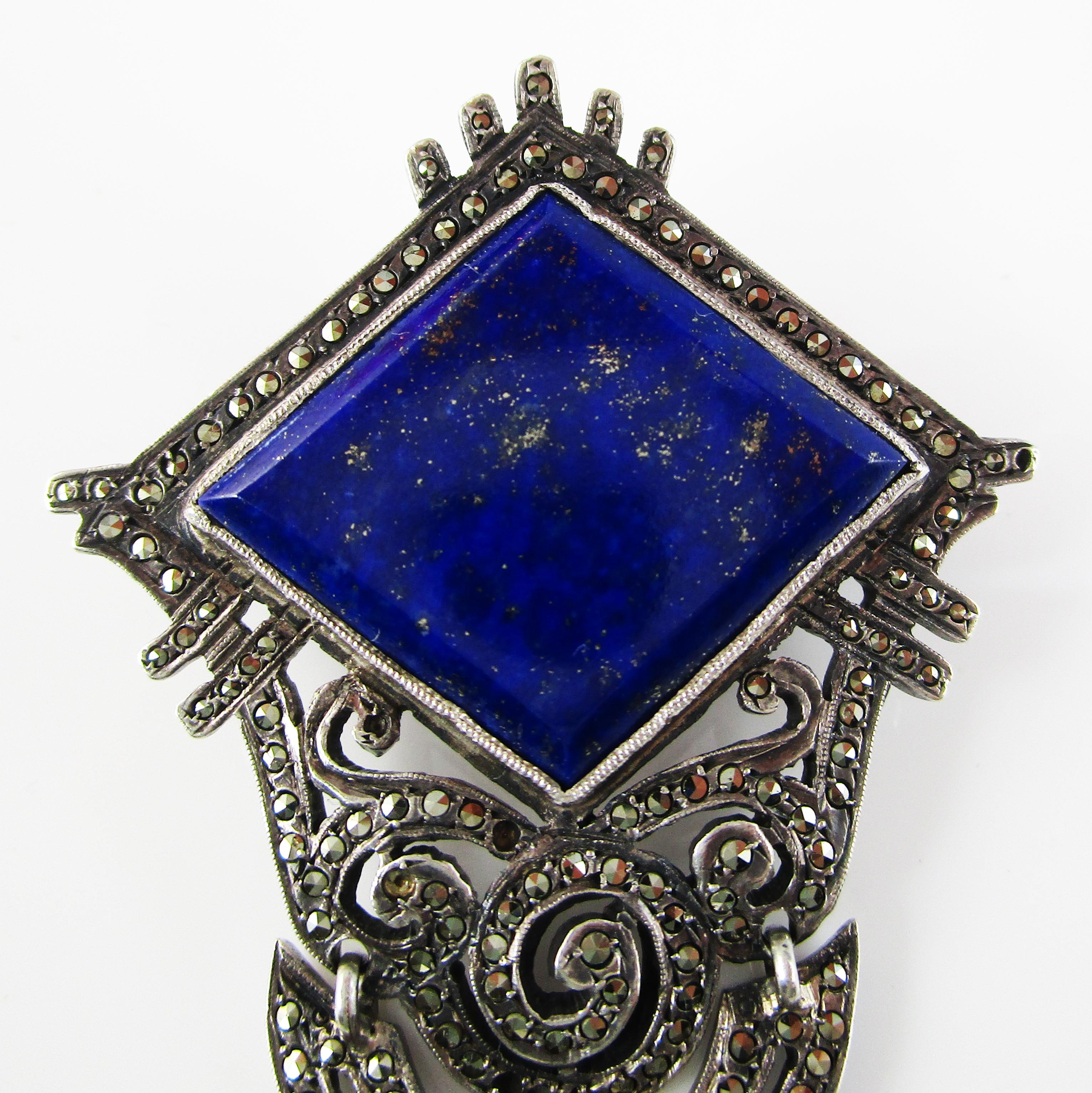 Art Deco Sterling Silver Marcasite Blue Lapis Pin with Pearl Dangle In Excellent Condition In Lexington, KY