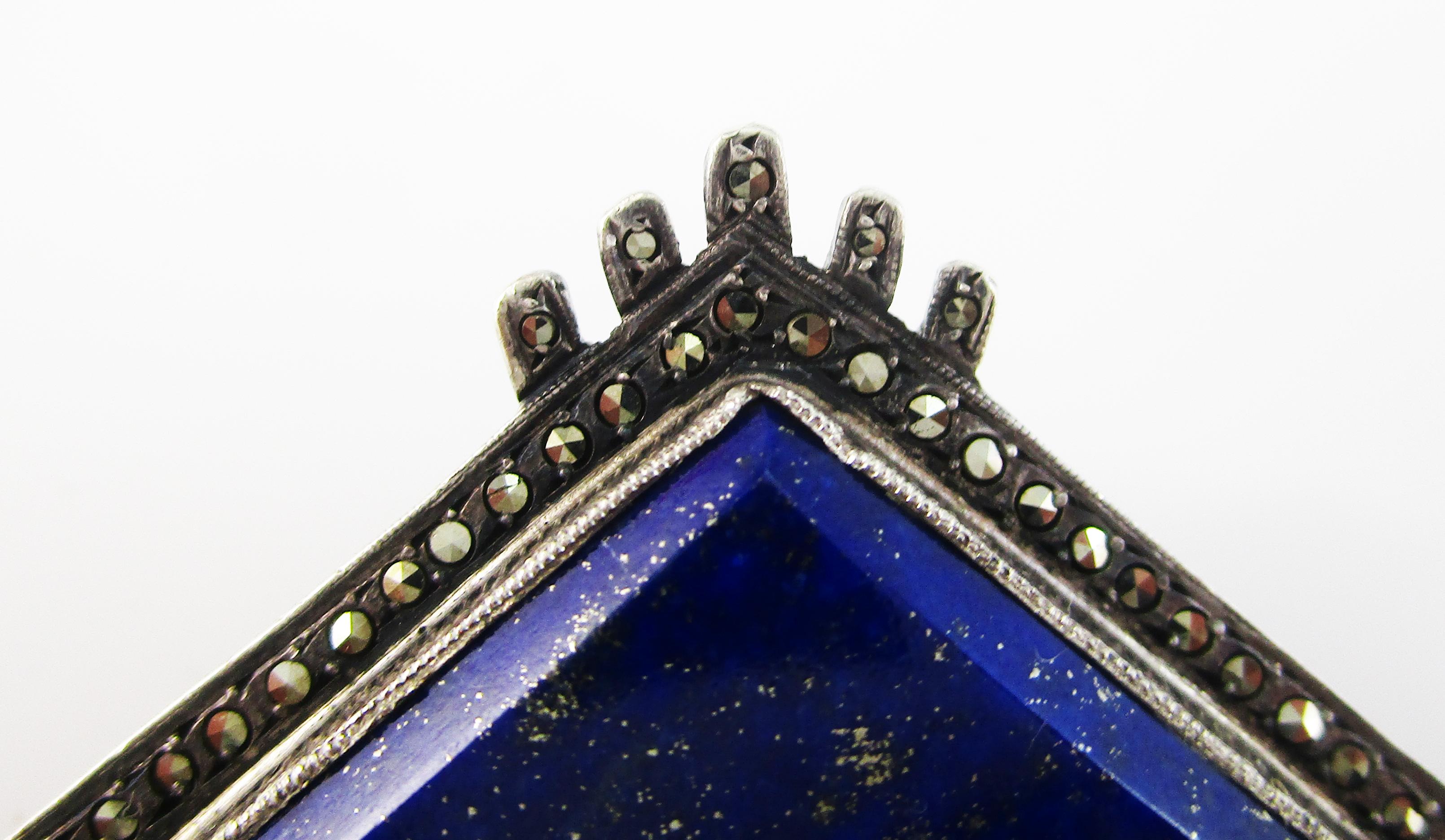 Women's or Men's Art Deco Sterling Silver Marcasite Blue Lapis Pin with Pearl Dangle