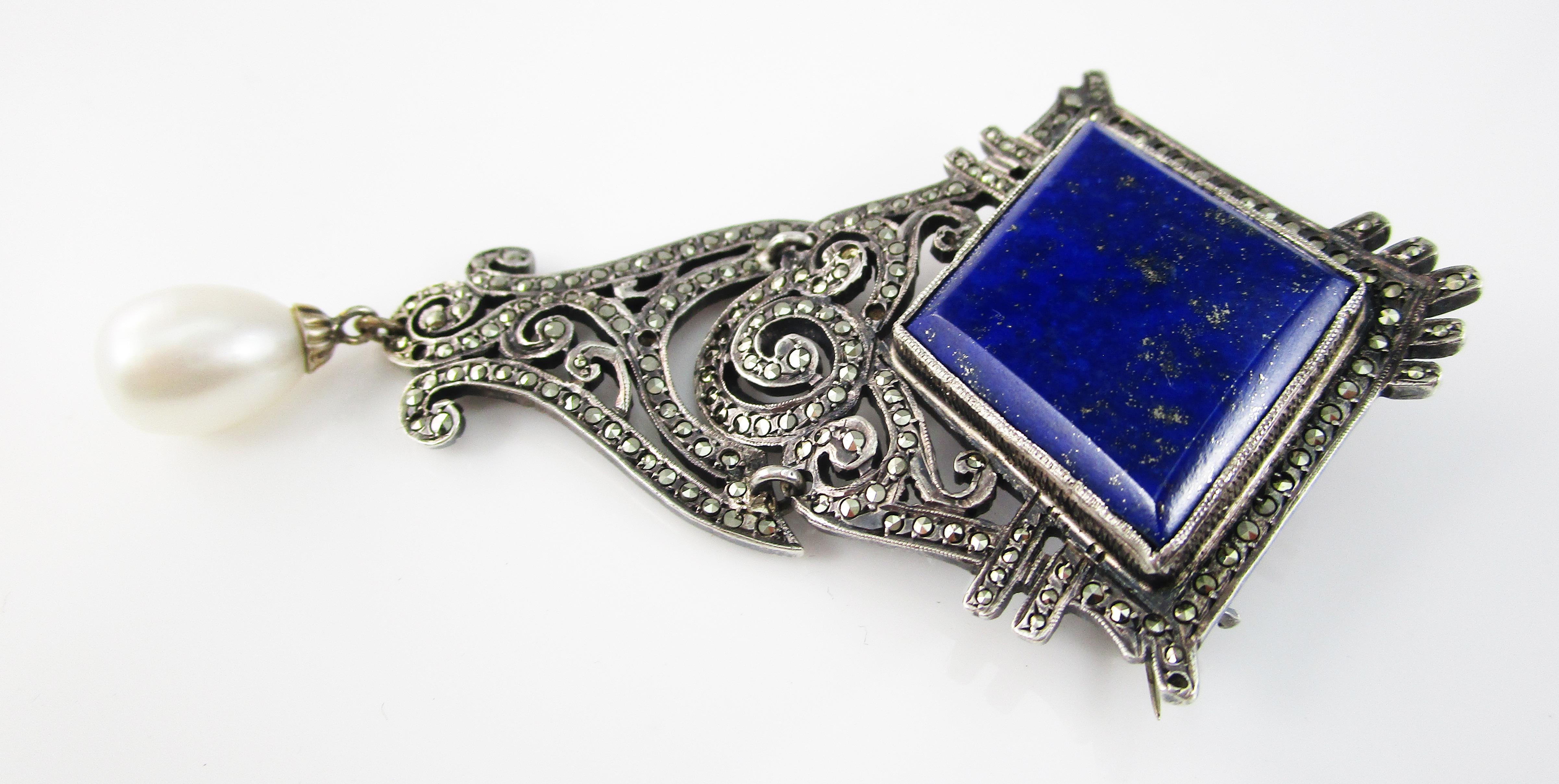 Art Deco Sterling Silver Marcasite Blue Lapis Pin with Pearl Dangle 1
