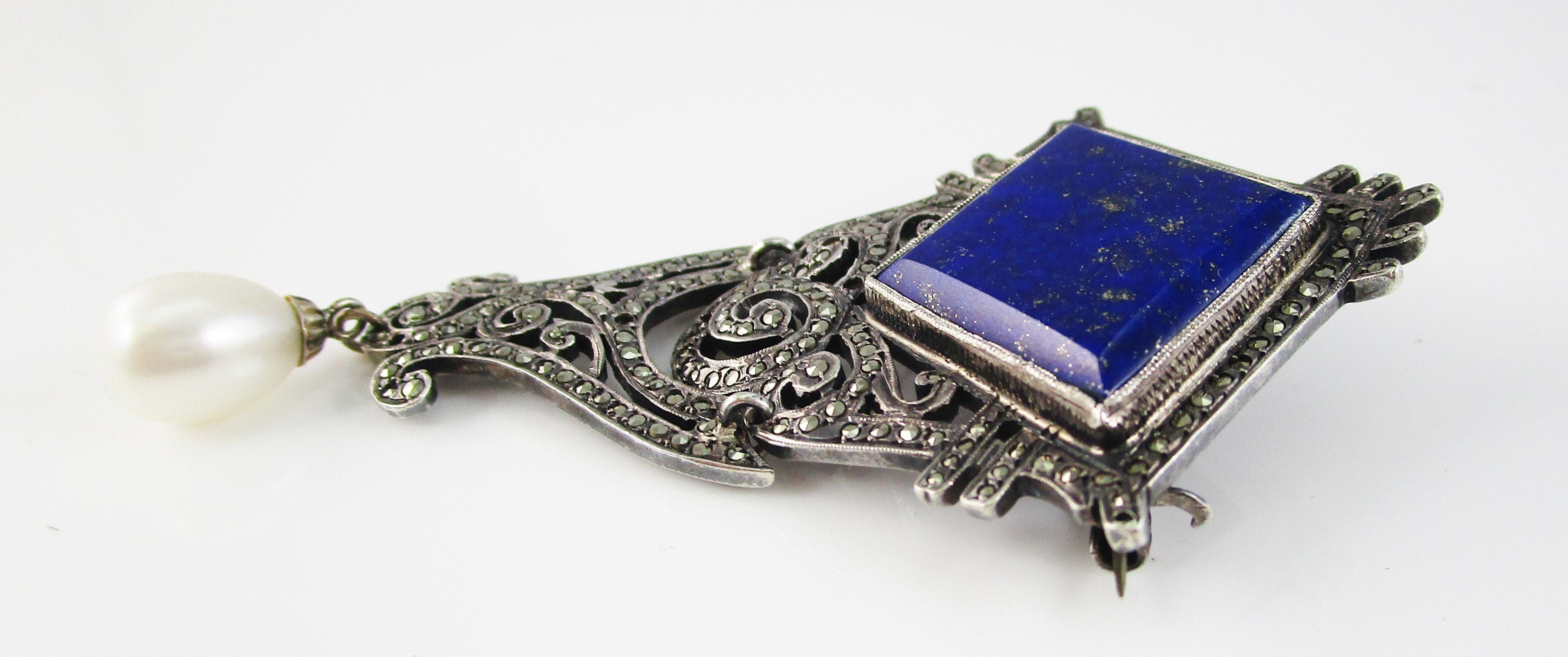 Art Deco Sterling Silver Marcasite Blue Lapis Pin with Pearl Dangle 2