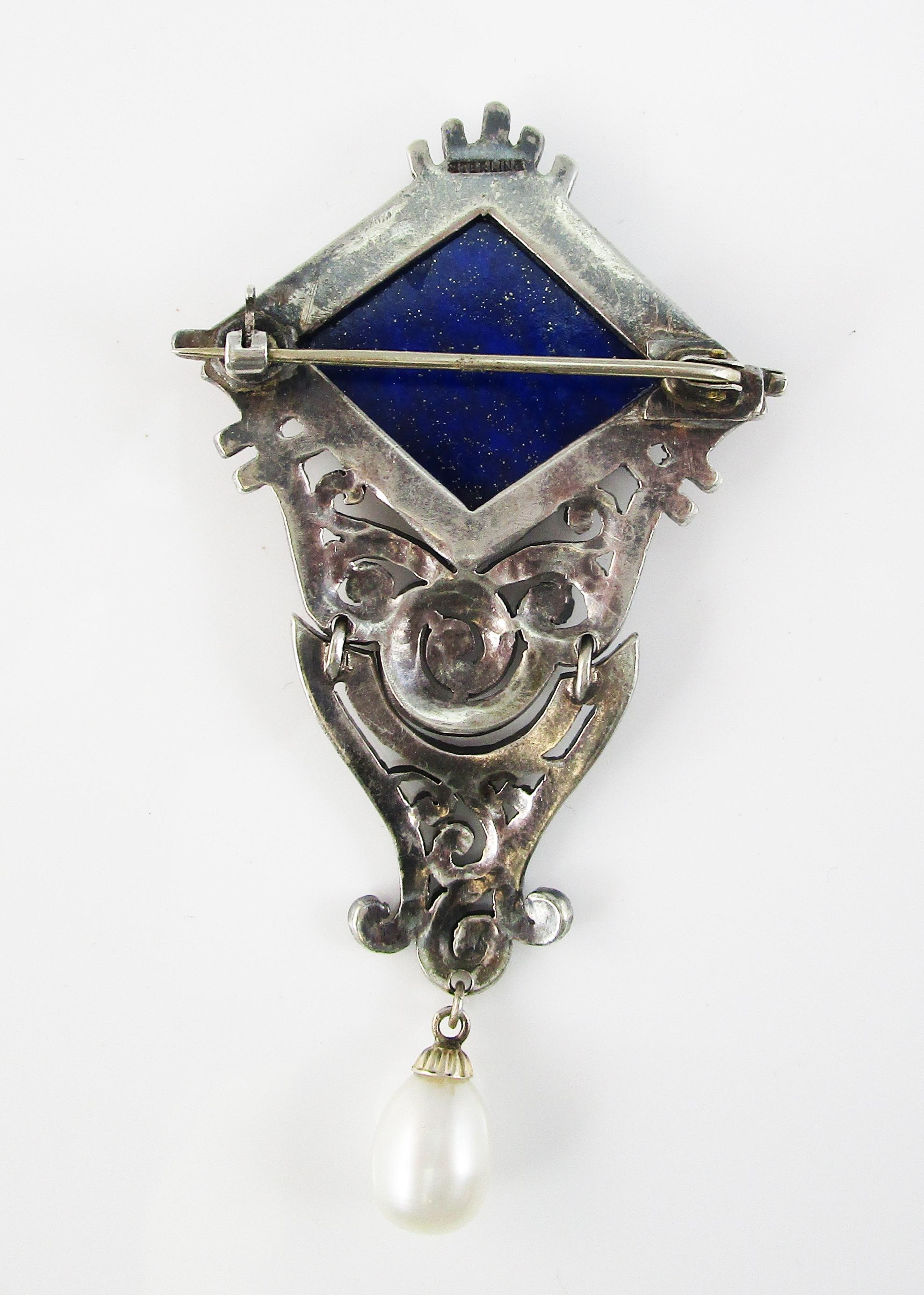 Art Deco Sterling Silver Marcasite Blue Lapis Pin with Pearl Dangle 3