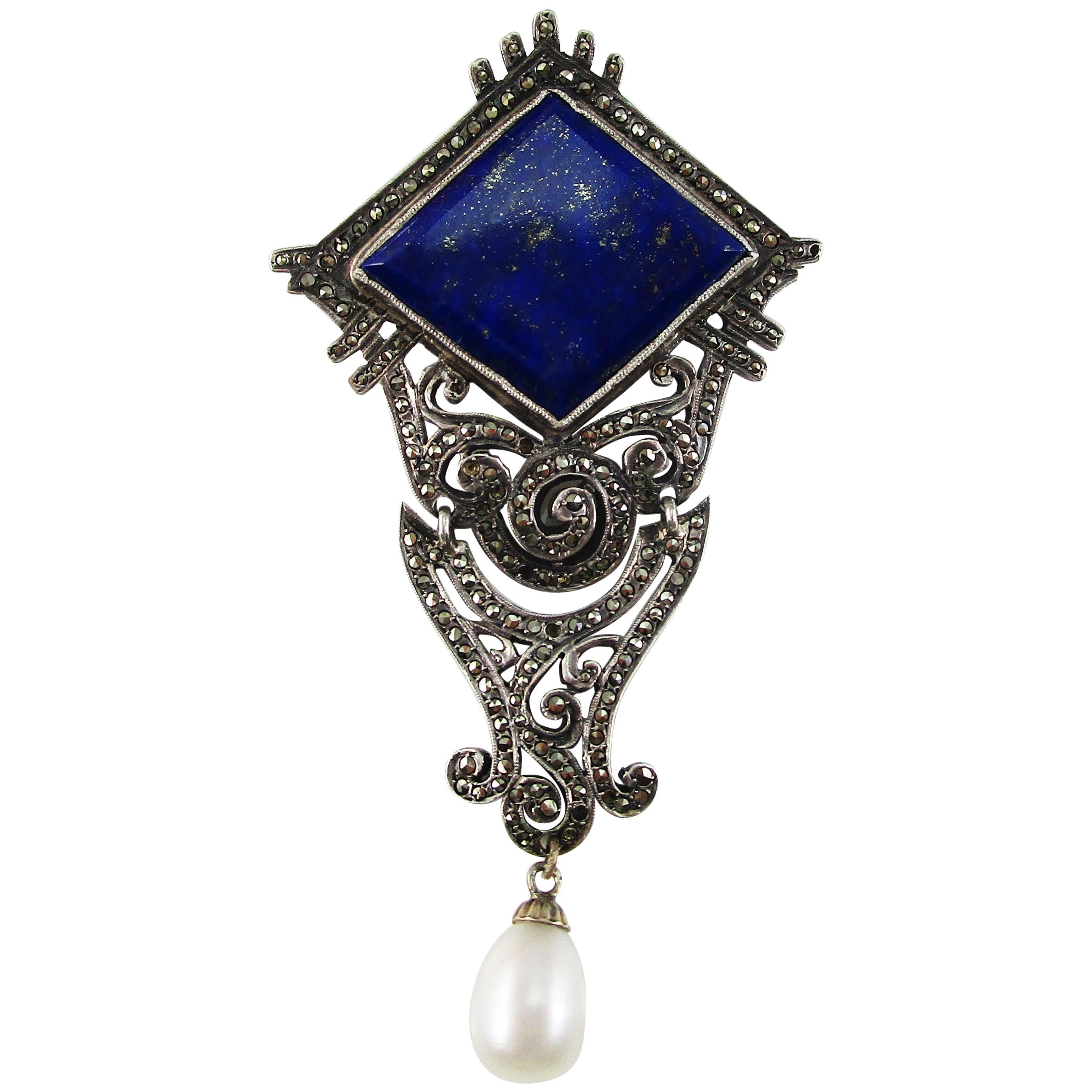 Art Deco Sterling Silver Marcasite Blue Lapis Pin with Pearl Dangle