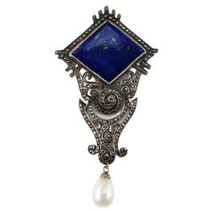 Antique Art Deco Sterling Silver Marcasite Blue Lapis Pin with Pearl Dangle
