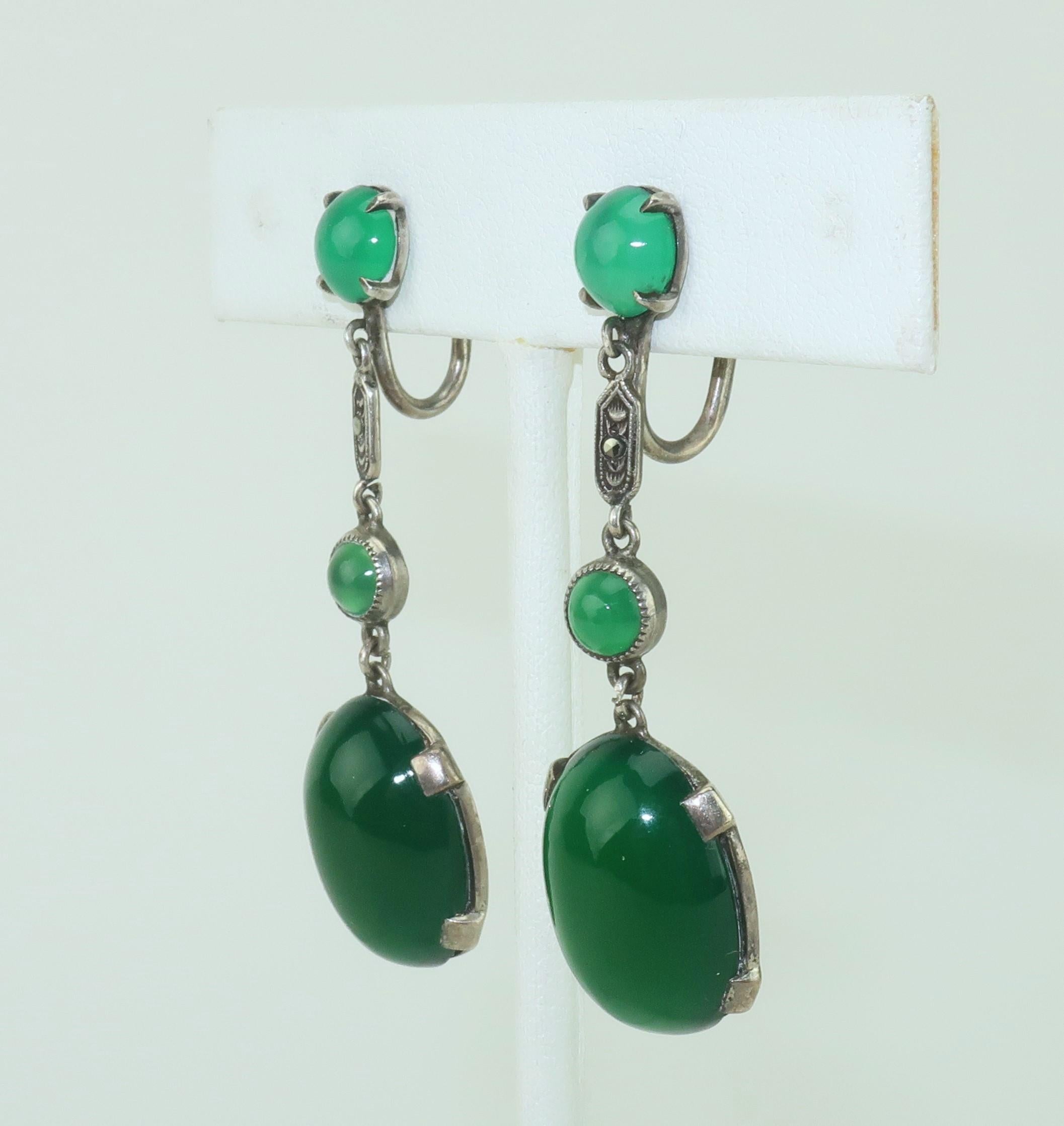 Cabochon Art Deco Sterling Silver, Marcasite & Chrysoprase Quartz Earrings, 1920's For Sale
