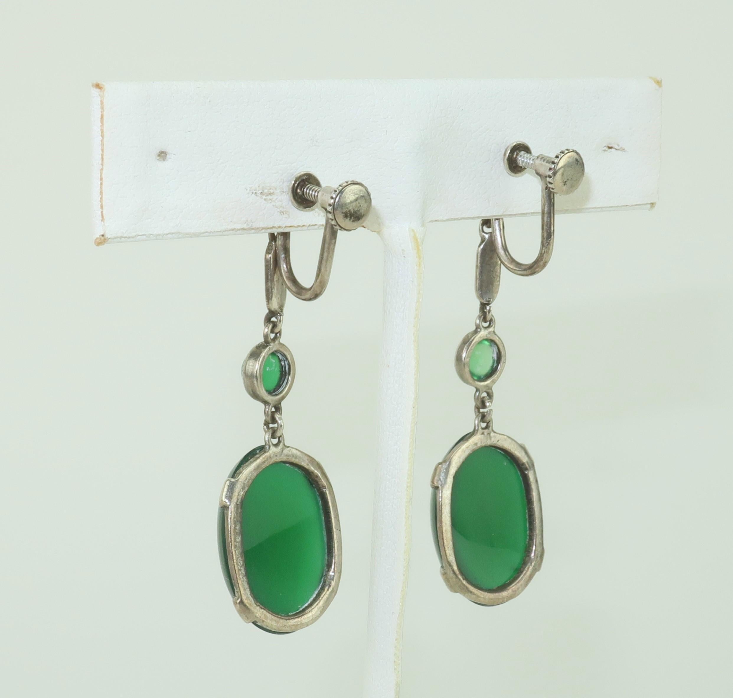 Art Deco Sterling Silver, Marcasite & Chrysoprase Quartz Earrings, 1920's In Good Condition For Sale In Atlanta, GA