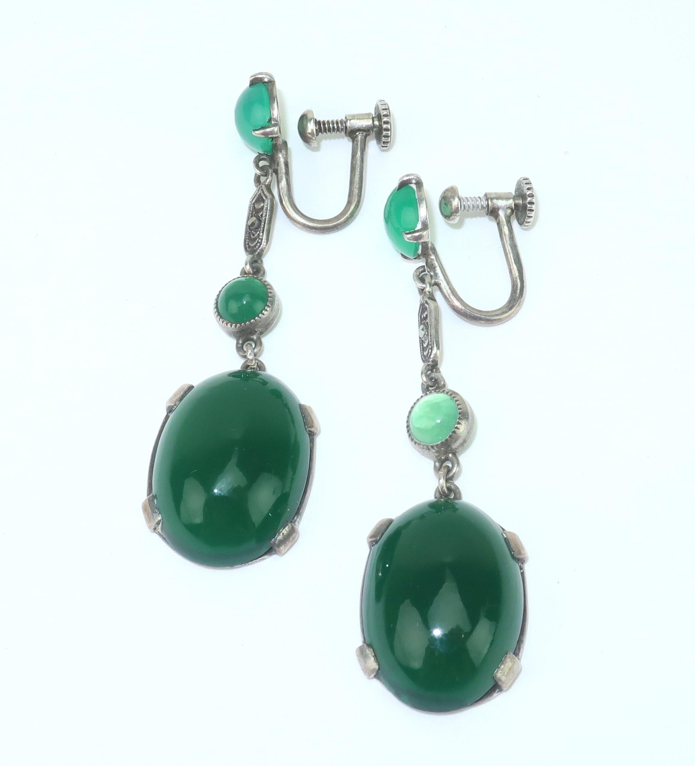 Women's Art Deco Sterling Silver, Marcasite & Chrysoprase Quartz Earrings, 1920's For Sale