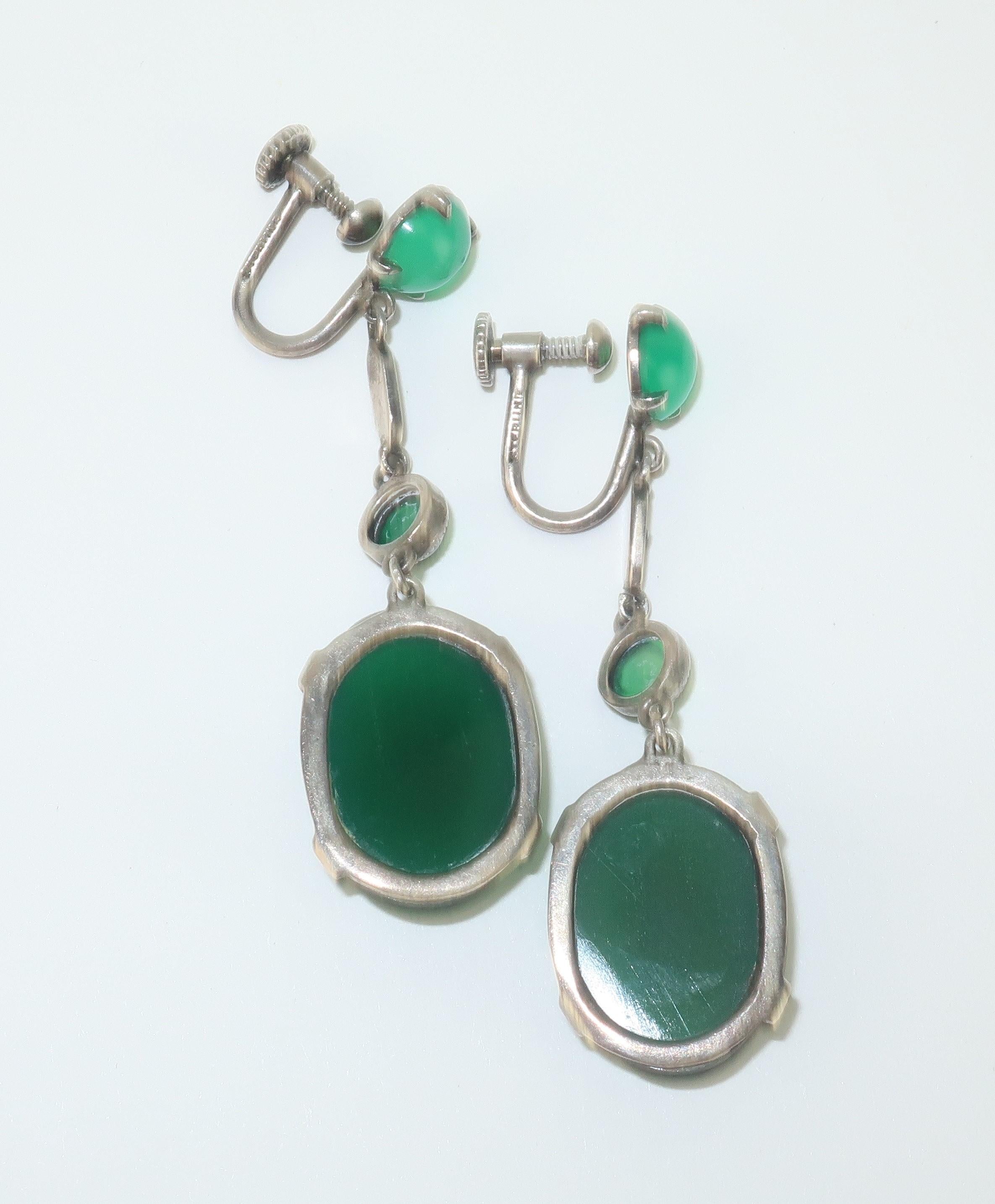 Art Deco Sterling Silver, Marcasite & Chrysoprase Quartz Earrings, 1920's For Sale 1