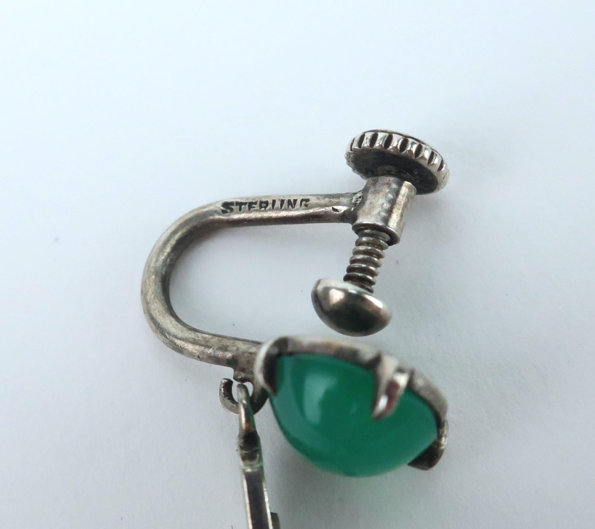 Art Deco Sterling Silver, Marcasite & Chrysoprase Quartz Earrings, 1920's For Sale 2