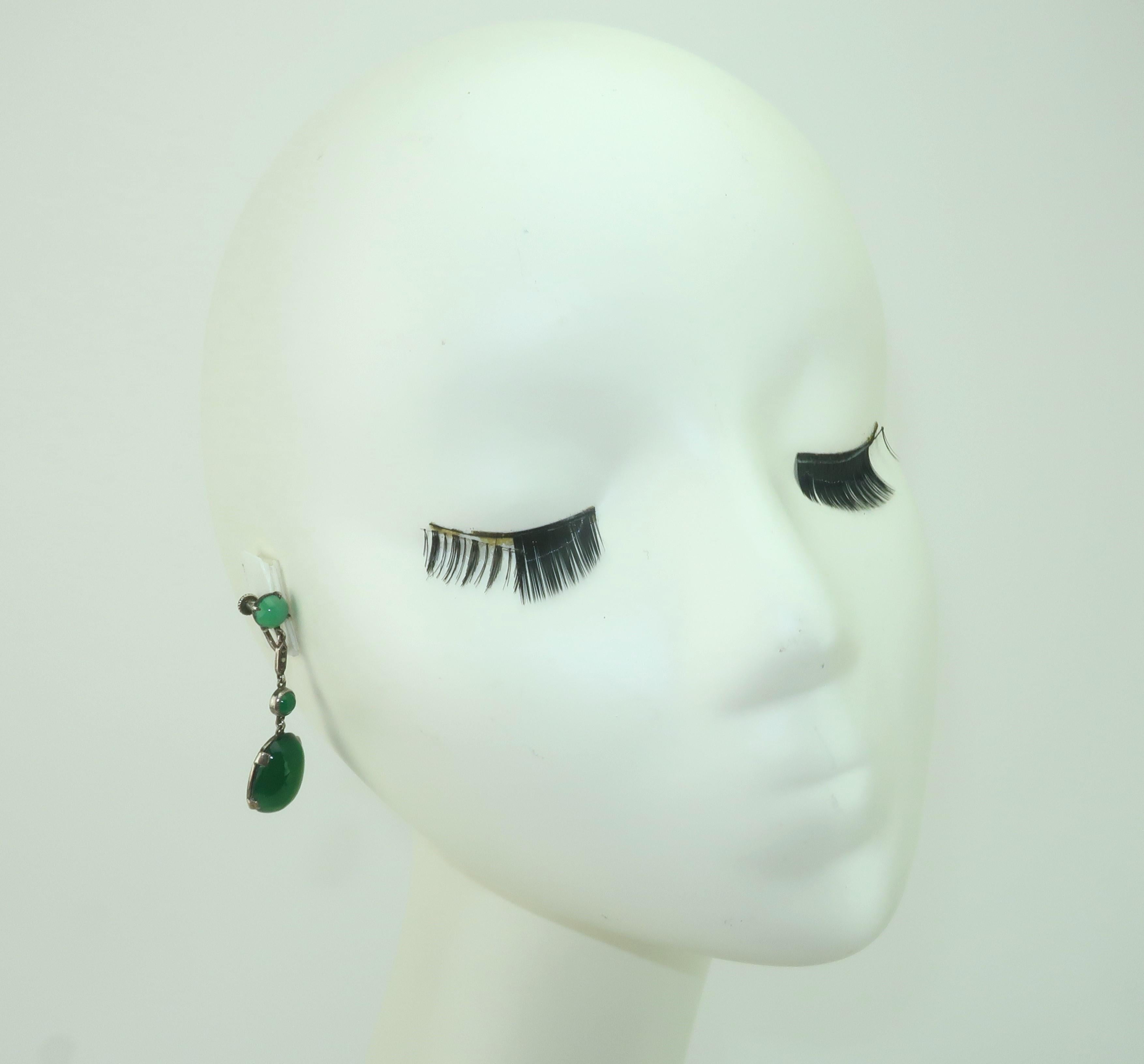 Art Deco Sterling Silver, Marcasite & Chrysoprase Quartz Earrings, 1920's For Sale 3