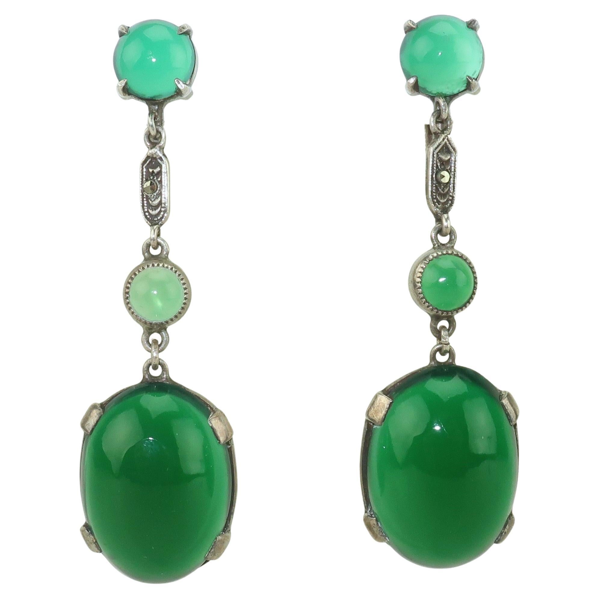 Art Deco Sterling Silver, Marcasite & Chrysoprase Quartz Earrings, 1920's For Sale