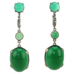 Antique Art Deco Sterling Silver, Marcasite & Chrysoprase Quartz Earrings, 1920's