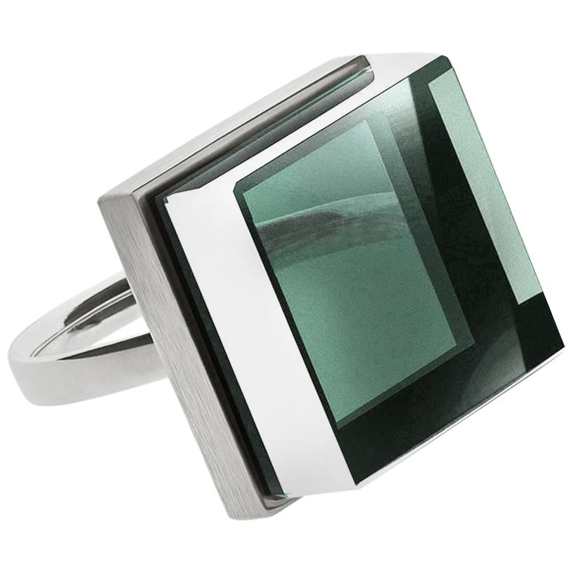 Featured in Vogue Art Deco Style Sterling Silver Men Ring with Green Quartz For Sale
