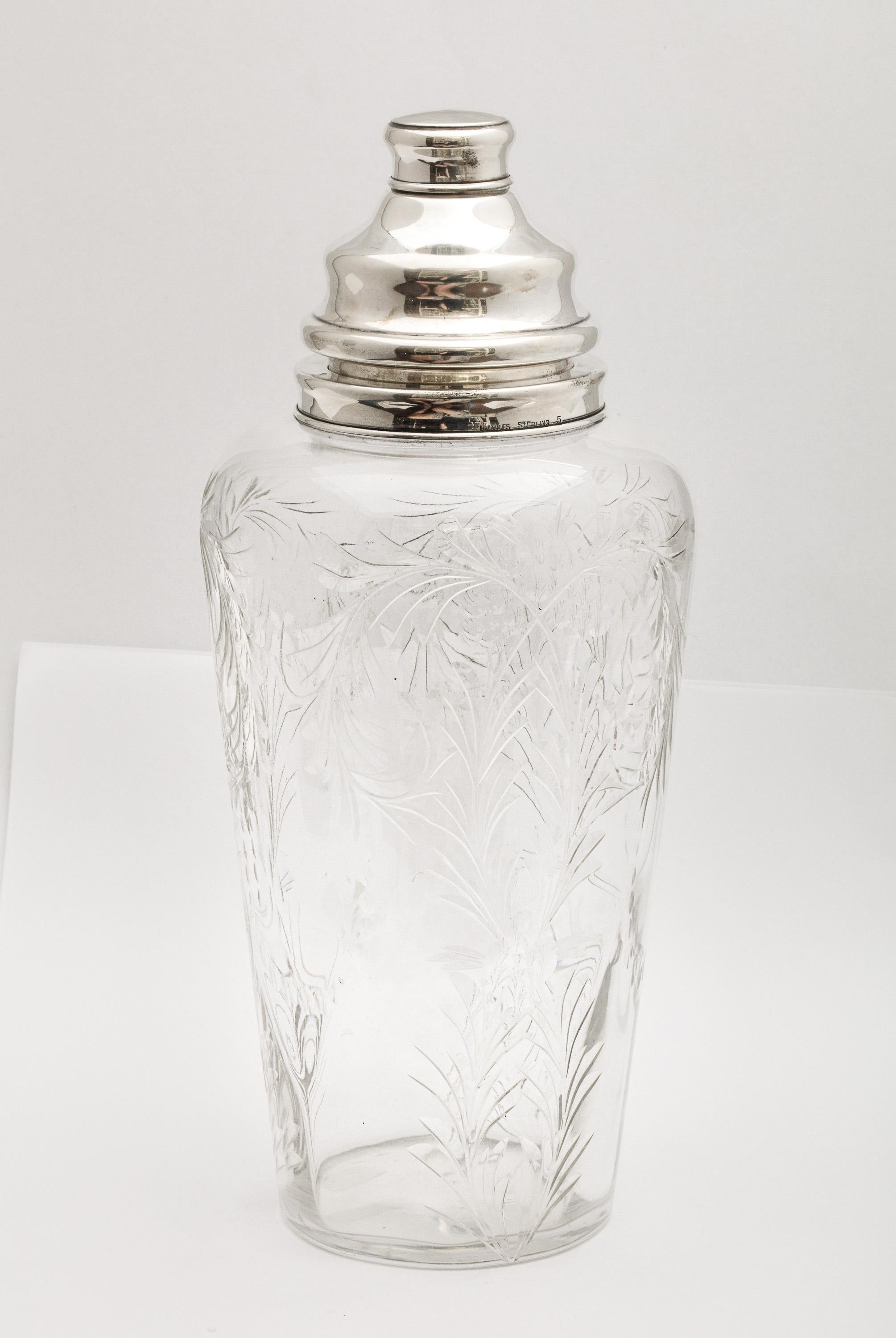 American Art Deco Sterling Silver-Mounted Cocktail Shaker by Hawkes