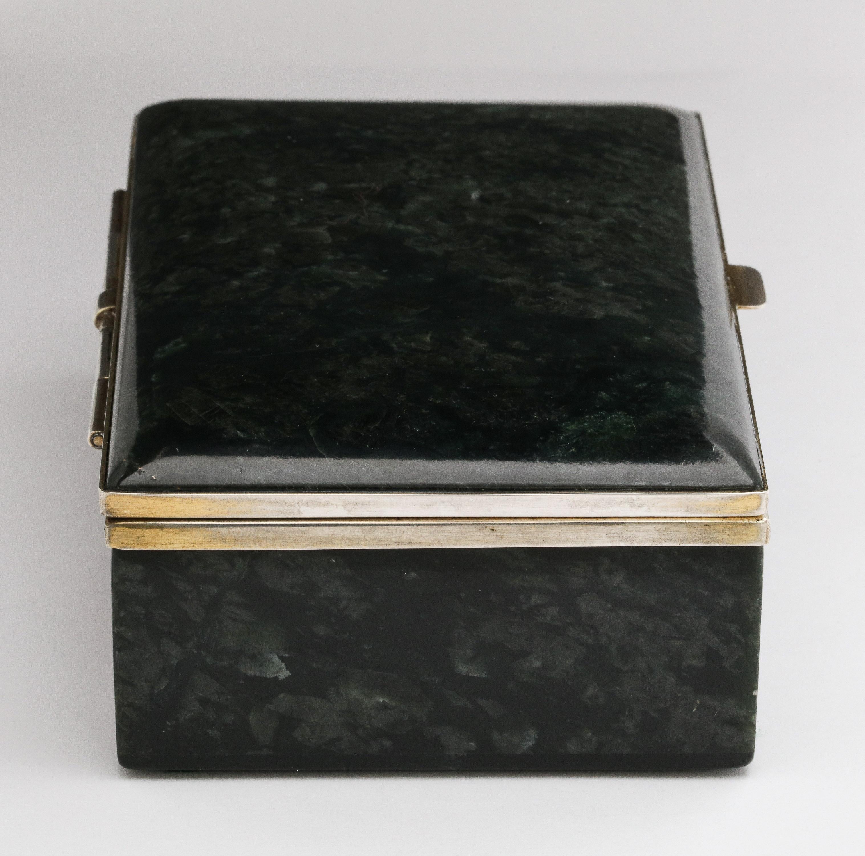 Austrian Art Deco Sterling Silver-Mounted Green Nephrite Jade Table Box with Hinged Lid